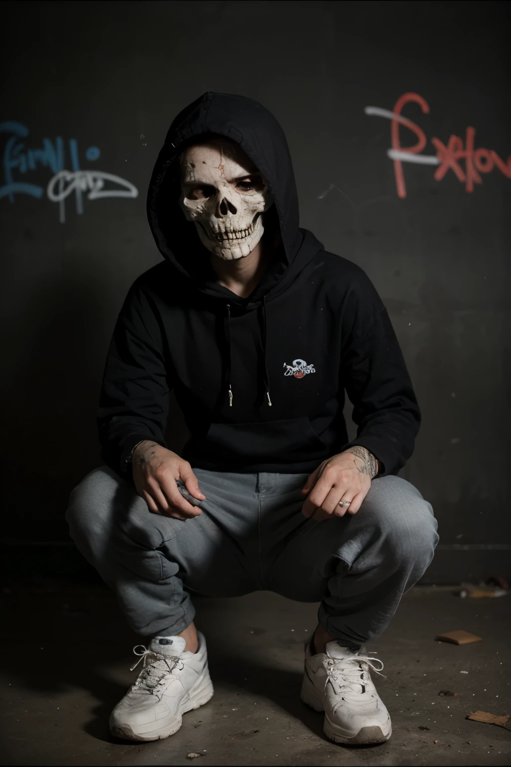 Polaroid photo vibes, a lone hooded figure, with baggy pants, gangster crouch pose,tough, boy, skinny body, , short long hair, in the dark, background with graffiti walls, kishirex graffiti, detailed skull mask