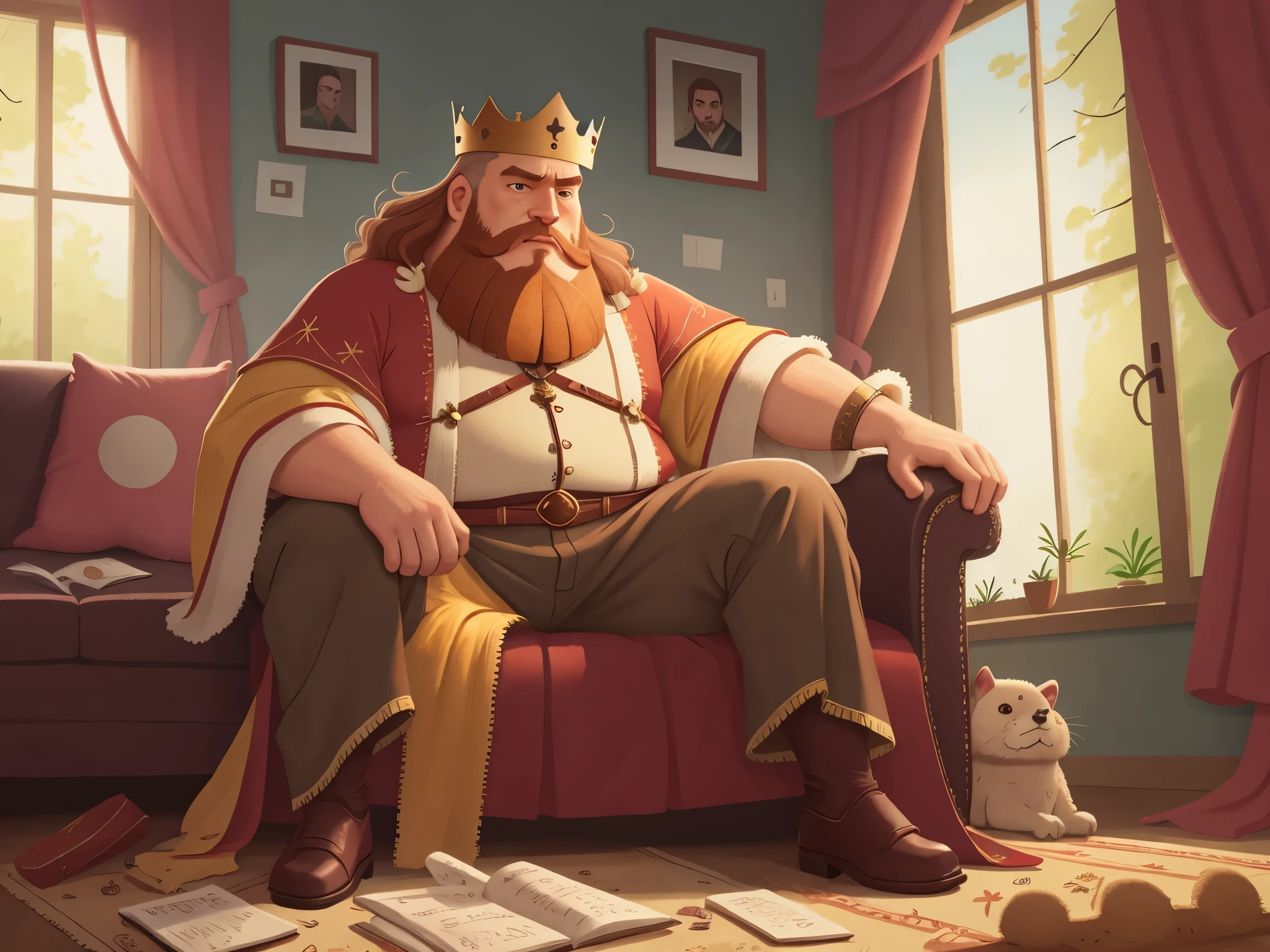 [[[Ultra detailed, best quality, beautiful, 4K, detailed faces, medieval stories]]], (((brown hair))), ((brown beard)), a fat huge blond bearded man Sitting on the sofa with crown, king robe, king, huge body, carpet, window, curtain, living room, sitting on the sofa