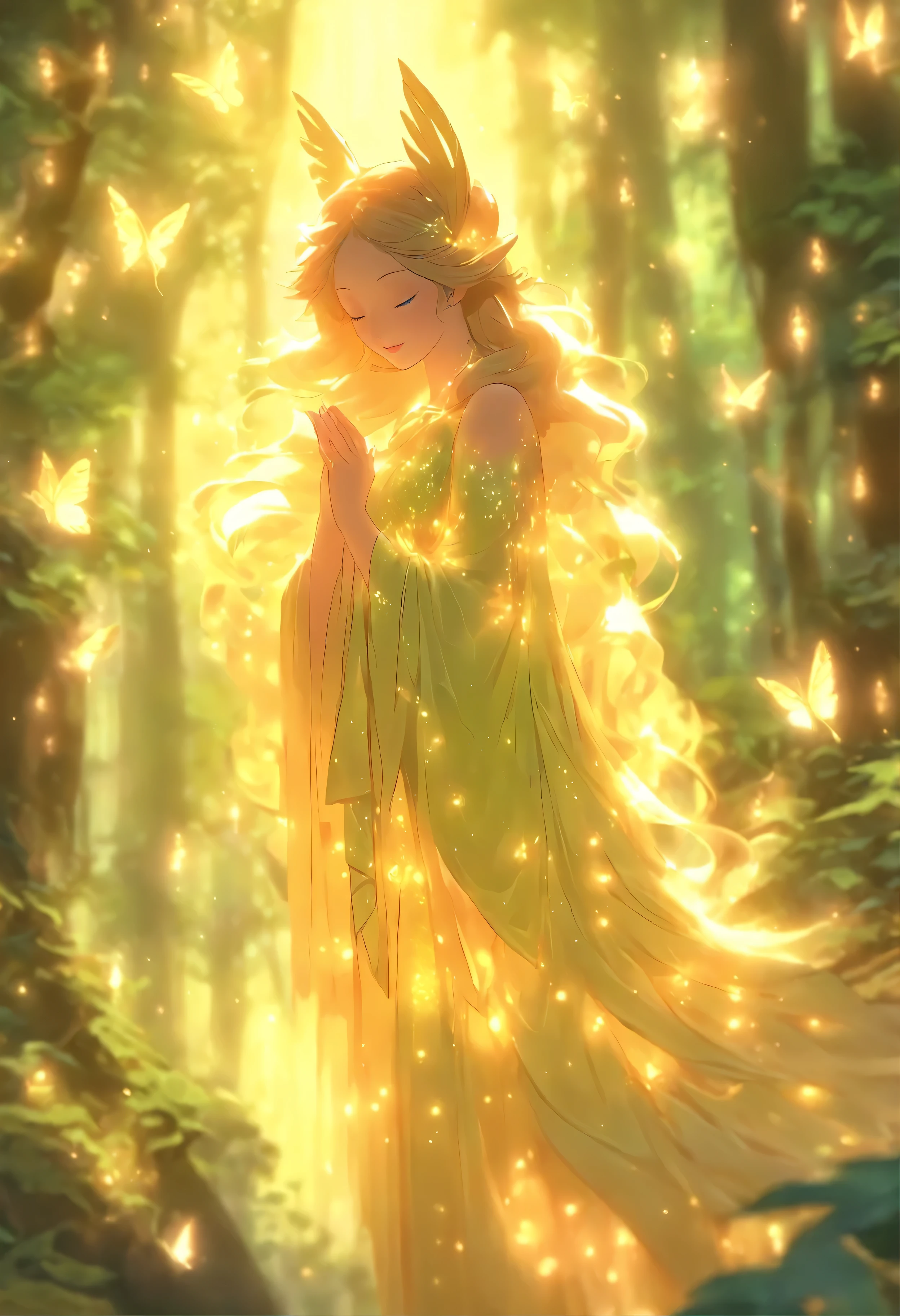 (best quality,4k,8k,highres,masterpiece:1.2),ultra-detailed,(realistic,photorealistic,photo-realistic:1.37),forest nymph elemental with glowing wings, made of leaves and nature,ethereal glow,pure,sublime,greenery,dreamy environment,magical enchantment,delicate and intricate leaf patterns,harmonious blending with surroundings,reflections of sunlight on wings,glimmering and radiant glow in the dark,serene and graceful posture,summoning the powers of nature,tiny sparkling dewdrops on wings,soft and gentle color palette,air of mystery and enchantment,subtle hints of magic in the air,whispering winds and rustling leaves,connection with trees and plants,strong connection with the forest,overflowing with natural energy,pristine beauty and innocence,evokes a sense of wonder and awe,graceful and fluid movement,natural and organic aesthetics,celestial and ethereal presence,rays of sunlight filtering through the forest canopy,fairy-like features,wise and ancient aura,enchanted and untamed forest realm,magic in every step and flutter,delicate and ephemeral,illuminating the darkest corners of the forest,close bond with animals and creatures of the forest,peaceful and tranquil atmosphere,deep sense of harmony between nature and the nymph,whispering secrets of the forest,each leaf intricately designed and vibrant with life,overwhelming sense of tranquility and serenity,sprightly and playful spirit.