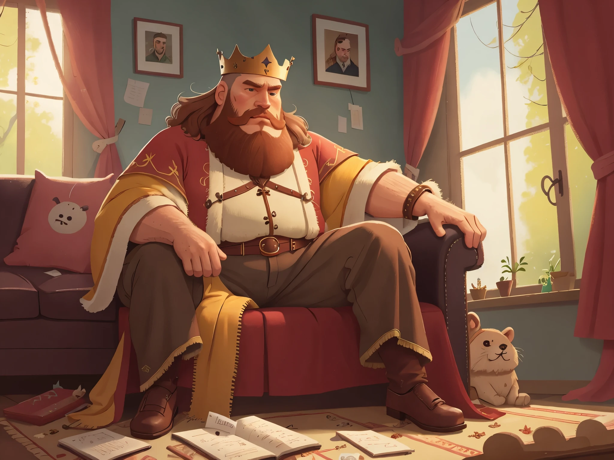 [[[Ultra detailed, best quality, beautiful, 4K, detailed faces, medieval stories]]], (((brown hair))), ((brown beard)), a fat huge blond bearded man Sitting on the sofa with crown, king robe, king, huge body, carpet, window, curtain, living room, sitting on the sofa