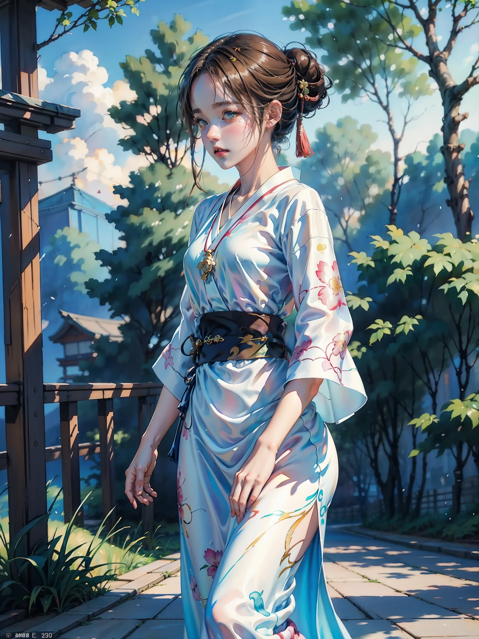 Final fantasy (Yuna) Anime girl with brown hair and a white kimono dress holding her necklace, beautiful character painting, soft anime CG art, realistic anime art style, beautiful anime portrait, beautiful anime woman, photorealistic anime girl rendering, Makoto Shinkai and Artgerm, realistic 3D anime style, anime realism style,  Anime Style Digital Art, Beautiful Anime Girl