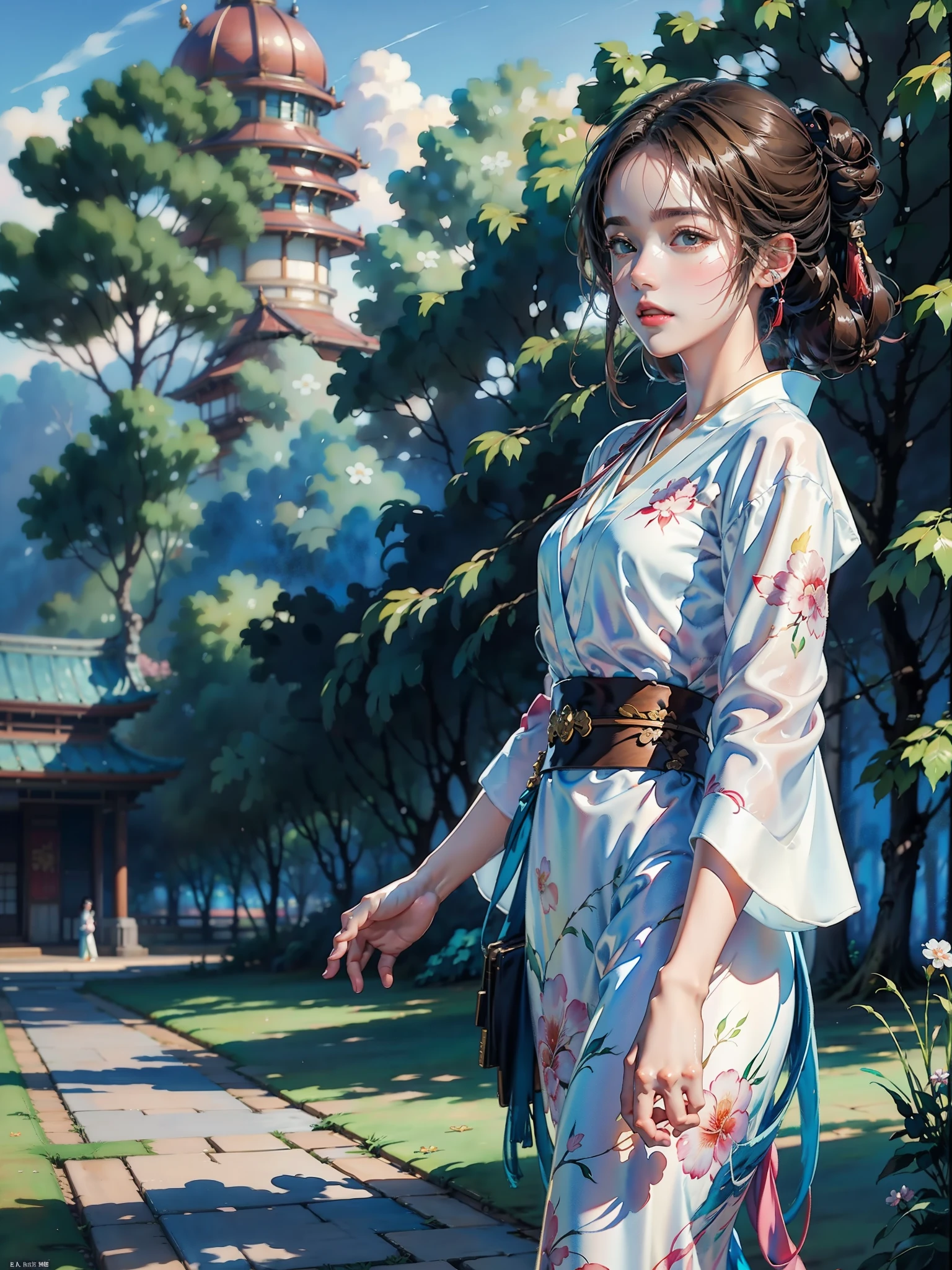 Final fantasy (Yuna) Anime girl with brown hair and a white kimono dress holding her necklace, beautiful character painting, soft anime CG art, realistic anime art style, beautiful anime portrait, beautiful anime woman, photorealistic anime girl rendering, Makoto Shinkai and Artgerm, realistic 3D anime style, anime realism style,  Anime Style Digital Art, Beautiful Anime Girl