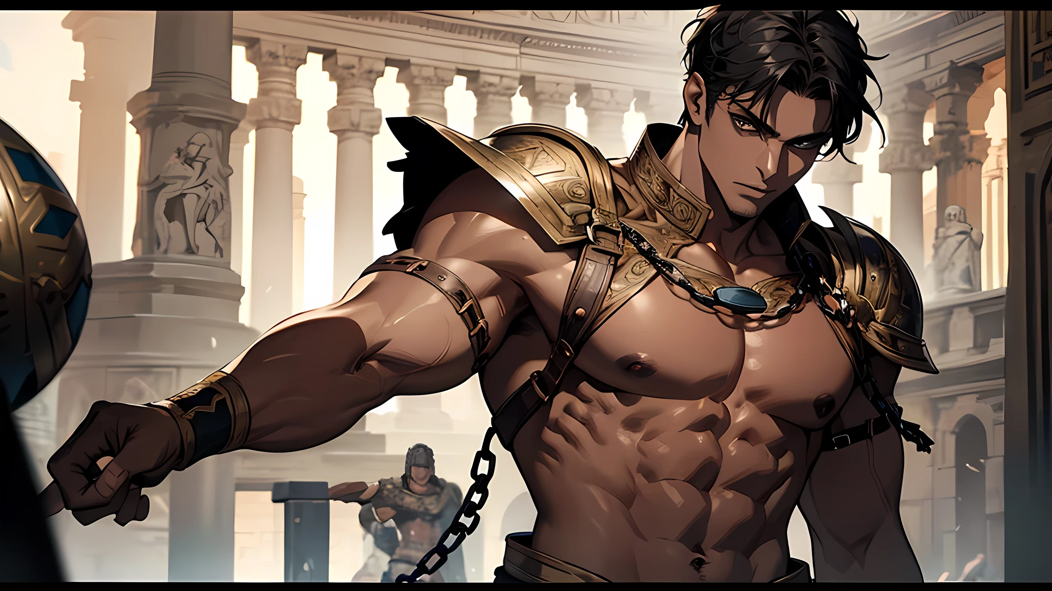 Muscular gladiator, upper body revealed, legs uncovered from thighs to feet, intricate muscular details, dark skin, short black hair, ready to attack, photorealistic artwork, 4K resolution. Background: Ancient Roman arena,32k uhd, best quality, masterpiece, super detail, high details, In the man’s hands, who sported a muscular body, was an iron ball connected to a chain.