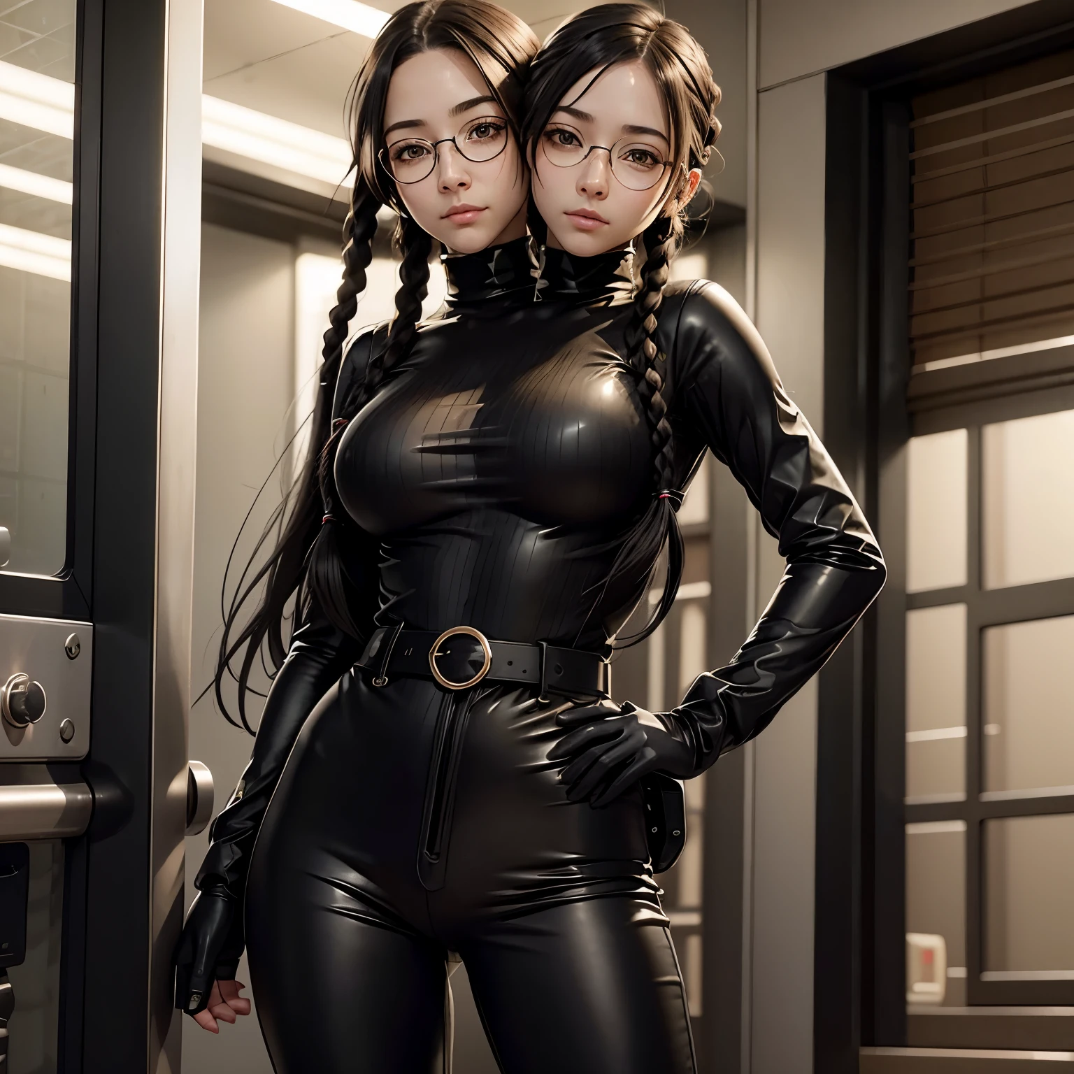 masterpiece, high quality cg, anime, illustration, best quality, 1girl, bound, bondage, beautiful face, detailed face, cowboy shot, dokkaebi, 1girl, solo, looking at viewer, black hair, braid, glasses, black gloves, belt, pants, black eyes, twin braids, streaked hair, black headwear, bodysuit, black pants, round eyewear, black bodysuit, beanie, hair behind ear, (two heads)