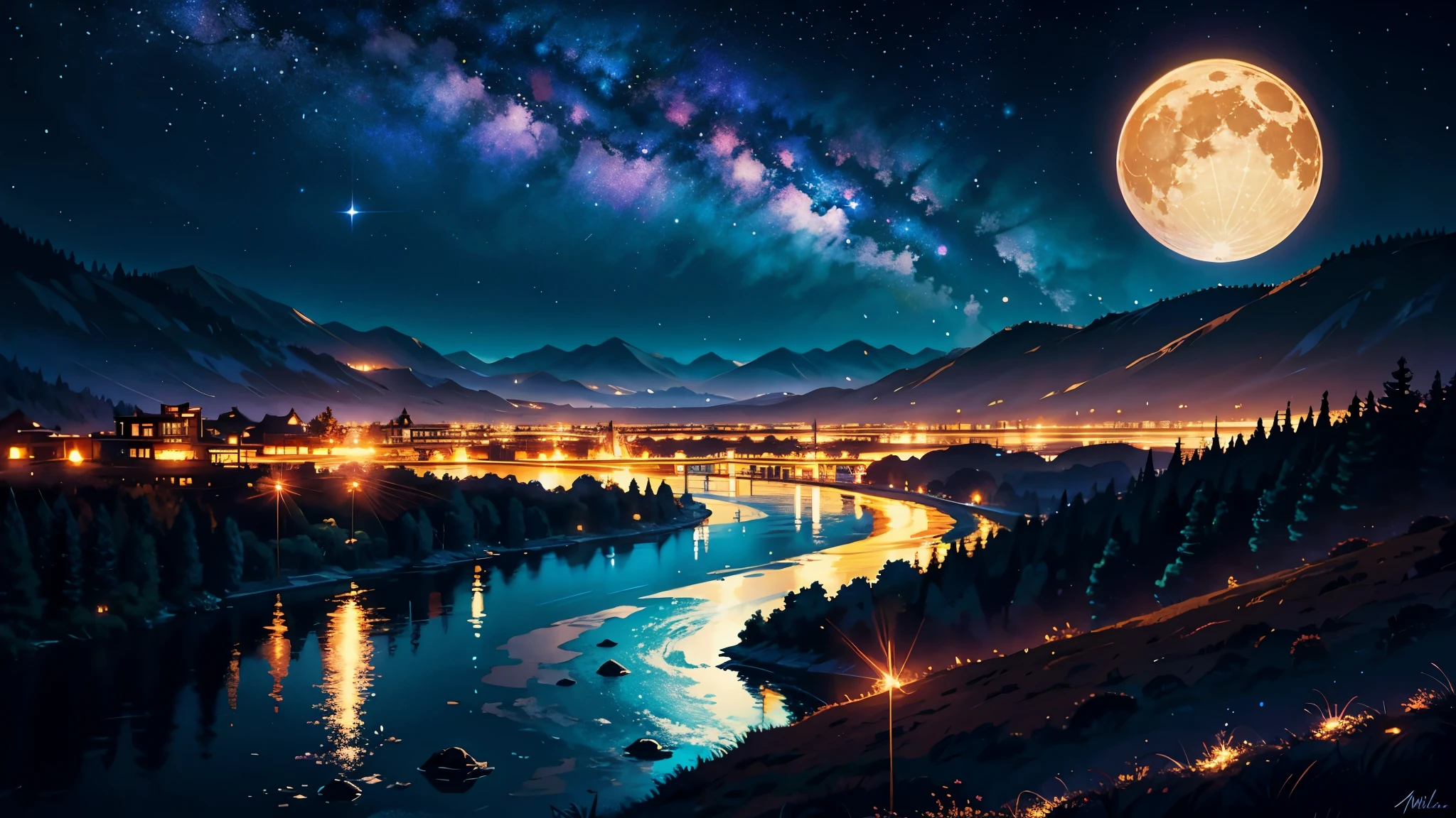 A painting of a river with stars and moon in the sky, concept art inspired by Tosa Mitsuoki, pixiv contest winner, best quality, fantasy art, beautiful anime scene, golden moon. A bright moon, starry sky environment under the moonlight, dream painting, anime background art, fantasy landscape art, dreamy night, anime background, background artwork, dreamy art, atmospheric anime, starry sky, details enhanced.