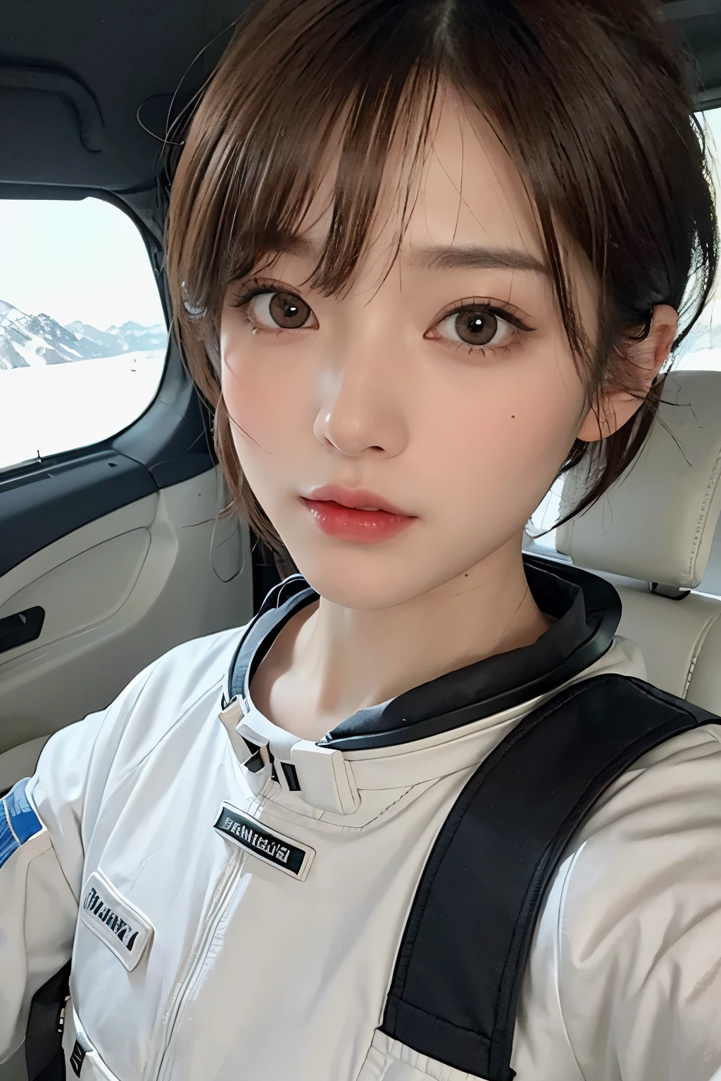 highest quality、masterpiece、ultra high resolution、(real:1.4)、Beautiful woman1、Beautiful details of eyes and skin、light brown short cut hair、The perfect spacesuit、spaceship、snow原、snow、