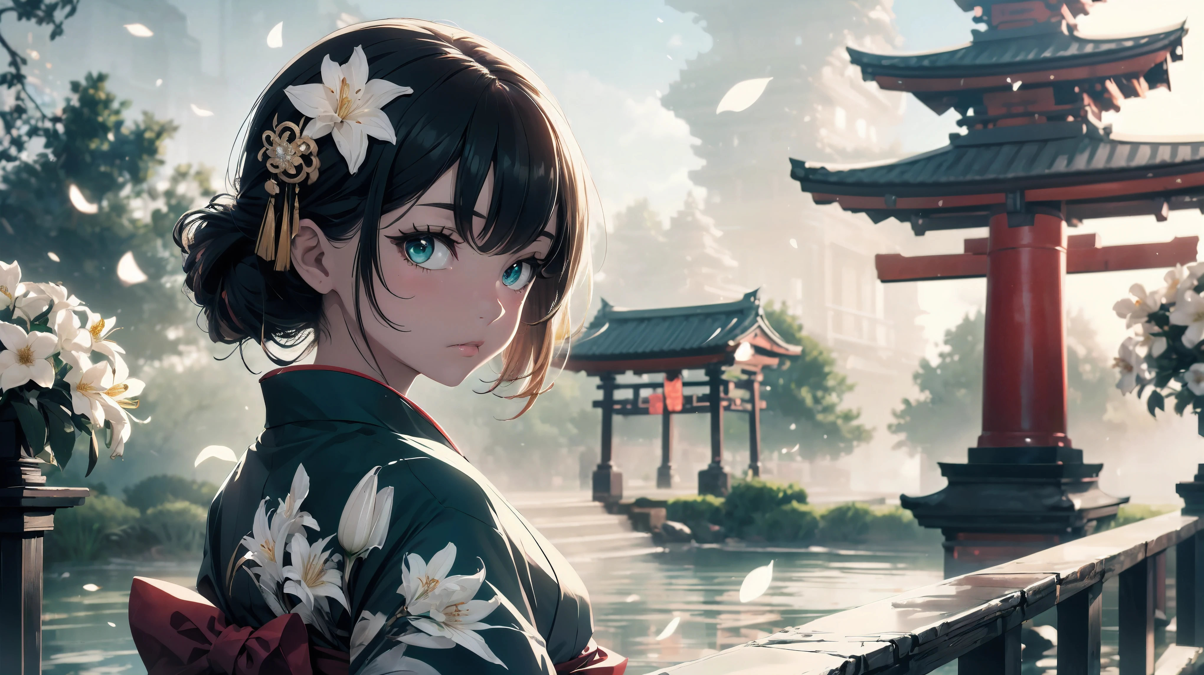 (an 8 year old girl:1.2), (alone:1.2), small breasts, Looking back at the audience, (wide angle), (white lily flower), aesthetic, complex, won, cybernetic enhancement, chiaroscuro, best quality, Detailed background, Character takes up one-third of the screen, (misty atmosphere:1.2), (cloudy day),((Girl in 棉质kimono:1.2)), 棉质kimono, 棉质kimono, The best wrinkles, best shade, (Walking through the foggy Zen garden), (real location), Exquisite and beautiful eyes, casual gesture, Detailed texture, pose, (Anatomically correct body, Detailed face, (非常Detailed texturekimono) with floral pattern), (black hair), thick hair, hair accessories, Common, kimono, Heart, outdoor, pagoda, petal, 青色kimono, sash, shrine, skyporn, stone staircase, torii, wide sleeves, yukata,cloudy, misty
