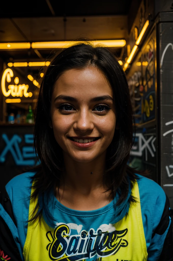 detailed bar background, masterpiece, best quality, smile, portrait, neon blue, graffiti, dark, night, bright eyes, yellow light
