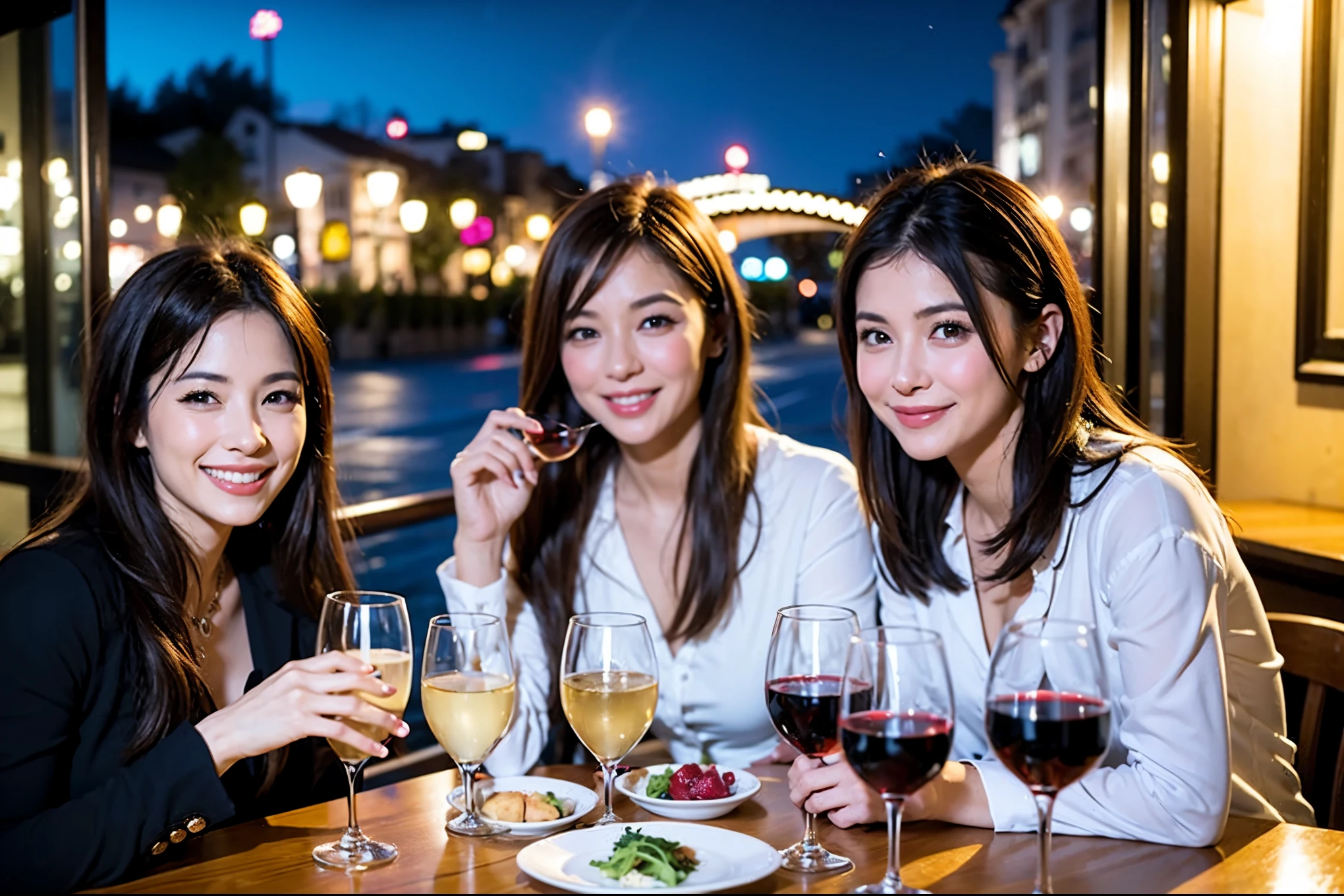 64k, UHD, highest quality, masterpiece: 1.2), (realistic, photorealistic: 1.37), Super detailed, celebration party、beauty、beautiful mature woman、3 women who love wine、Three Men、champagne、Sparkling wine、winter night、restaurantでワイン宴会、(slimな男女4名),(Wine party for 5 people)、(slimフェイス),Happy、 最高なsmile、Fox Face、Raccoon face、Berry Short、(because I&#39;thin), (brown hair), (shortcut), long sleeve shirt、winter fashion、Colombia、Brazilian、Japanese、Dutch、German、Portuguese、Belgian、Italian、french, (gushing), (slimボティ), (brown hair), (shortcut), 端正なbeauty、cheeks blush a little, (41 years old), 38 years old, 35 years old、32 years old、 A beautiful and detailed night view spreads out outside the window....., restaurant, wine glassが座っている, At night, in a prominent place (from the Upper body) nova frog style, actress, model, Upper body, White wine, slim, wine glass, Very beautiful night view, wine glass Put in the Middle, Happy smile, (smile: 1.15), 