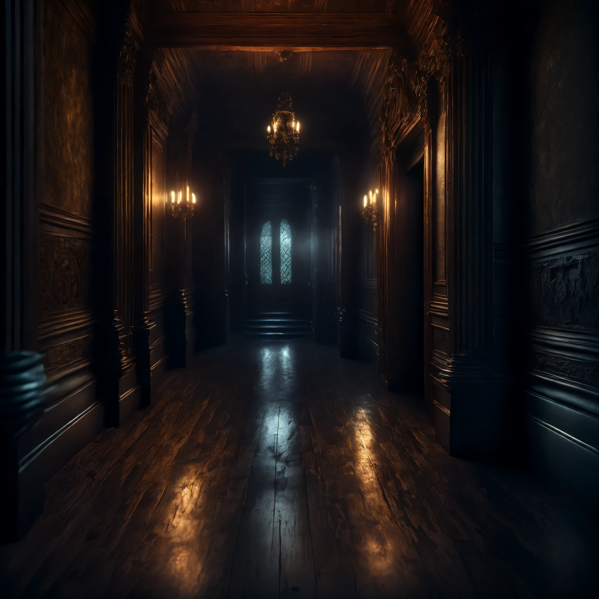 masterpiece, best quality, 8k, highres, absurdres, realistic, real life, photography, ray tracing, perfect lighting, , ultra realistic, scary dark hallway, film grain, horror \(theme\), wooden floor, candlelight, dark, dusty, abandoned, peeling off wallpaper,