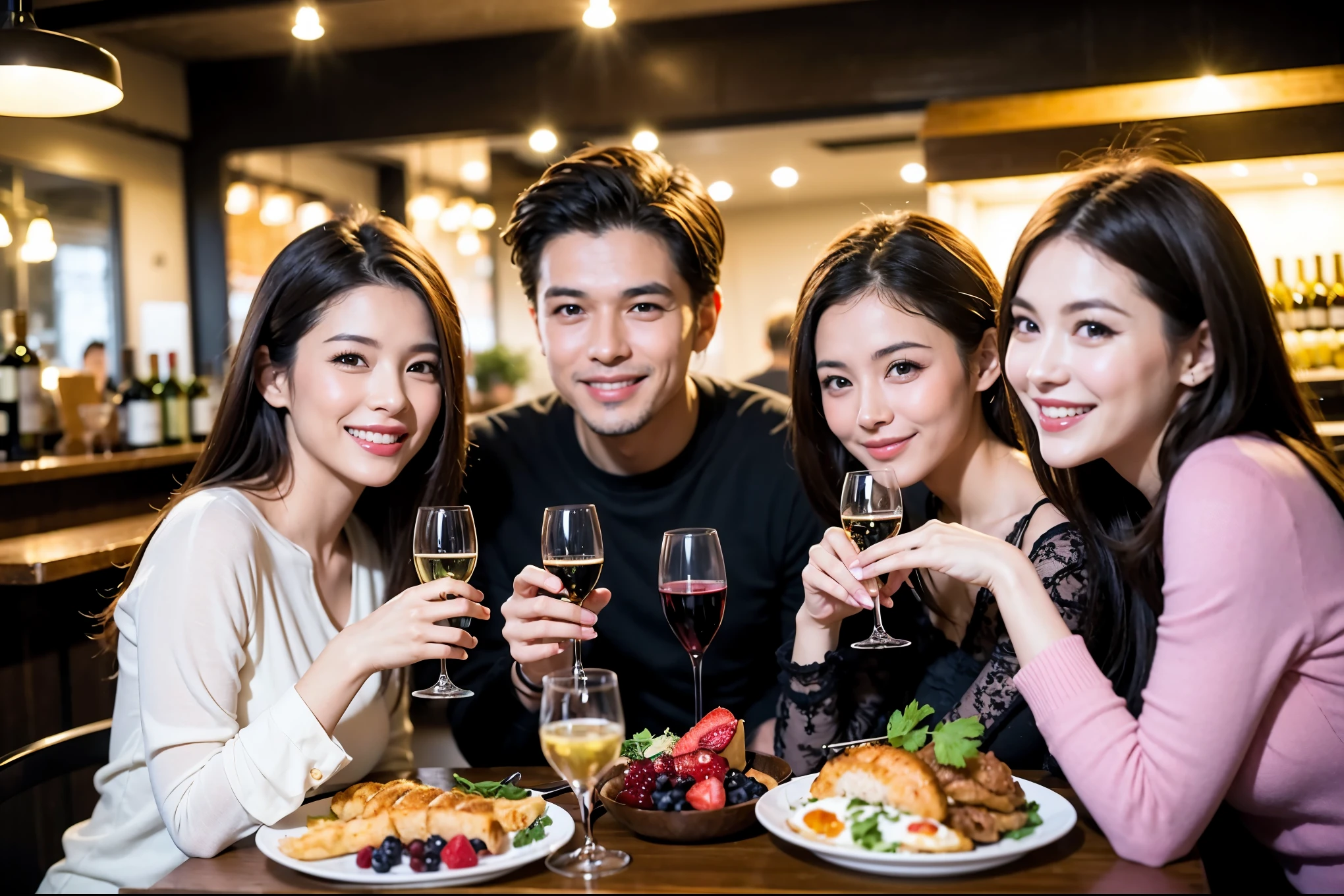 64k, UHD, highest quality, masterpiece: 1.2), (realistic, photorealistic: 1.37), Super detailed, celebration party、beauty、beautiful mature woman、3 women who love wine、Three Men、champagne、Sparkling wine、winter night、restaurantでワイン宴会、(slimな男女4名),(Wine party for 5 people)、(slimフェイス),Happy、 最高なsmile、Fox Face、Raccoon face、Berry Short、(because I'thin), (brown hair), (shortcut), long sleeve shirt、winter fashion、Colombia、Brazilian、Japanese、Dutch、German、Portuguese、Belgian、Italian、french, (gushing), (slimボティ), (brown hair), (shortcut), 端正なbeauty、cheeks blush a little, (41 years old), 38 years old, 35 years old、32 years old、 A beautiful and detailed night view spreads out outside the window....., restaurant, wine glassが座っている, At night, in a prominent place (from the Upper body) nova frog style, actress, model, Upper body, White wine, slim, wine glass, Very beautiful night view, wine glass Put in the Middle, Happy smile, (smile: 1.15),