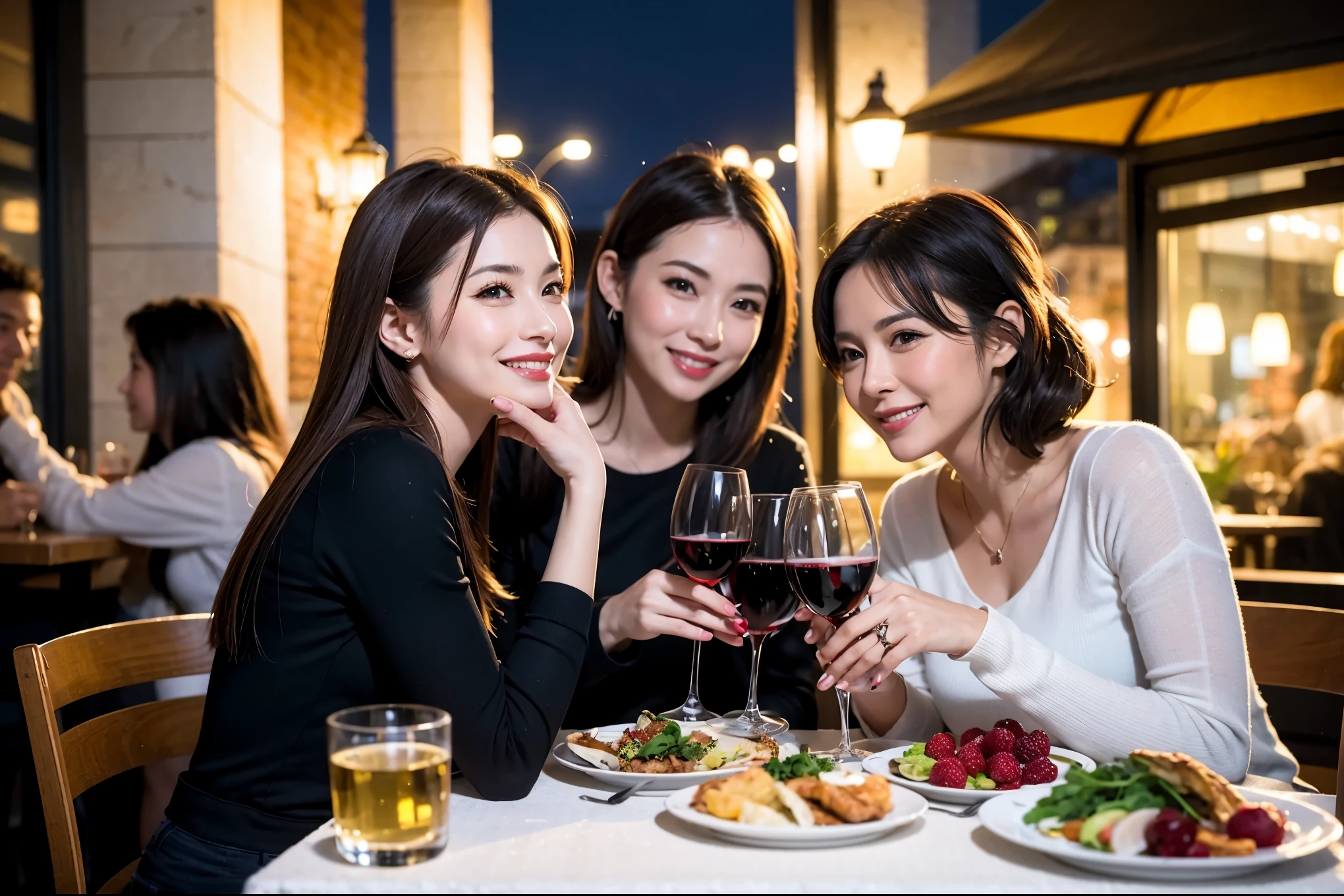 64k, UHD, highest quality, masterpiece: 1.2), (realistic, photorealistic: 1.37), Super detailed, celebration party、beauty、beautiful mature woman、3 women who love wine、Three Men、champagne、Sparkling wine、winter night、restaurantでワイン宴会、(slimな男女4名),(Wine party for 5 people)、(slimフェイス),Happy、 最高なsmile、Fox Face、Raccoon face、Berry Short、(because I'thin), (brown hair), (shortcut), long sleeve shirt、winter fashion、Colombia、Brazilian、Japanese、Dutch、German、Portuguese、Belgian、Italian、french, (gushing), (slimボティ), (brown hair), (shortcut), 端正なbeauty、cheeks blush a little, (41 years old), 38 years old, 35 years old、32 years old、 A beautiful and detailed night view spreads out outside the window....., restaurant, wine glassが座っている, At night, in a prominent place (from the Upper body) nova frog style, actress, model, Upper body, White wine, slim, wine glass, Very beautiful night view, wine glass Put in the Middle, Happy smile, (smile: 1.15),