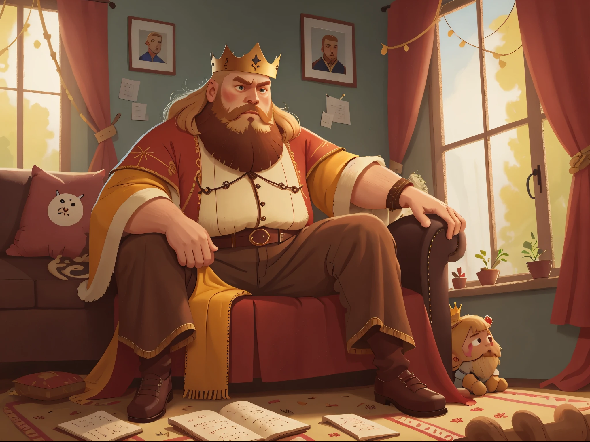 [[[Ultra detailed, best quality, beautiful, 4K, detailed faces, medieval stories]]], (((blond hair))), ((blond beard)), blue eyes, a fat huge blond bearded man sitting on sofa with crown, king robes, king, huge body, carpet, window, curtains, living room, sitting on sofa