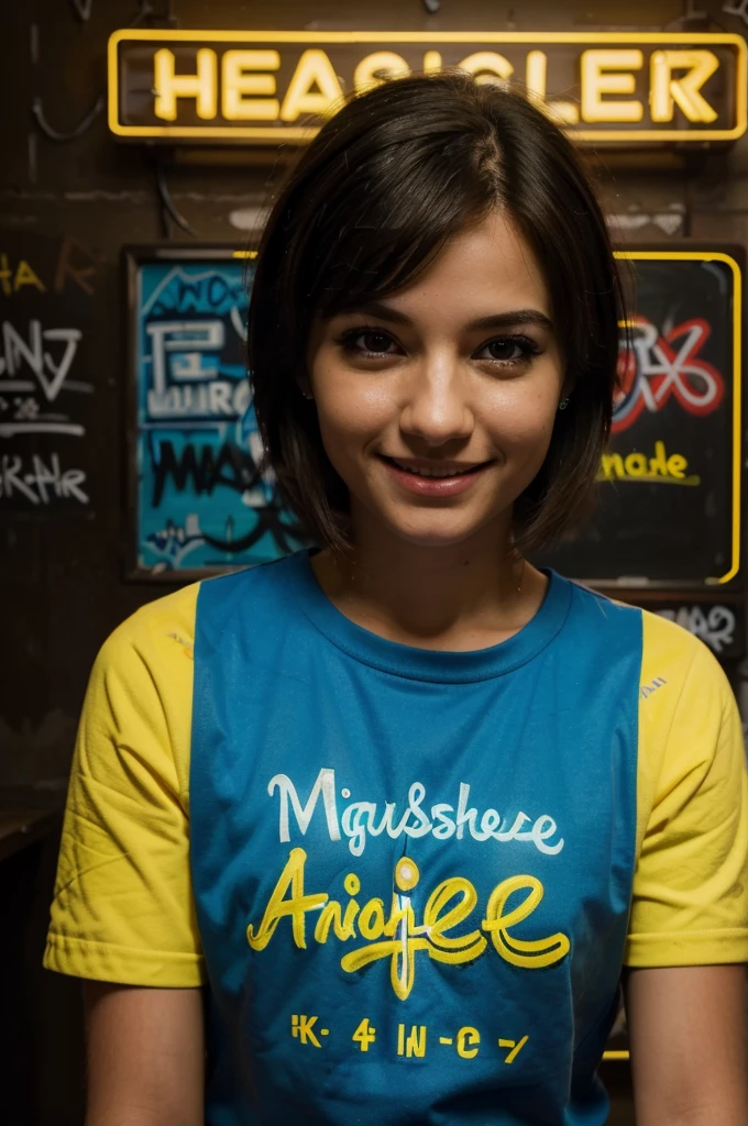 (best quality:1.2, 4k, highres, masterpiece:1.2), portrait, smile, bright eyes, detailed bar background, neon blue, graffiti, dark night, yellow light