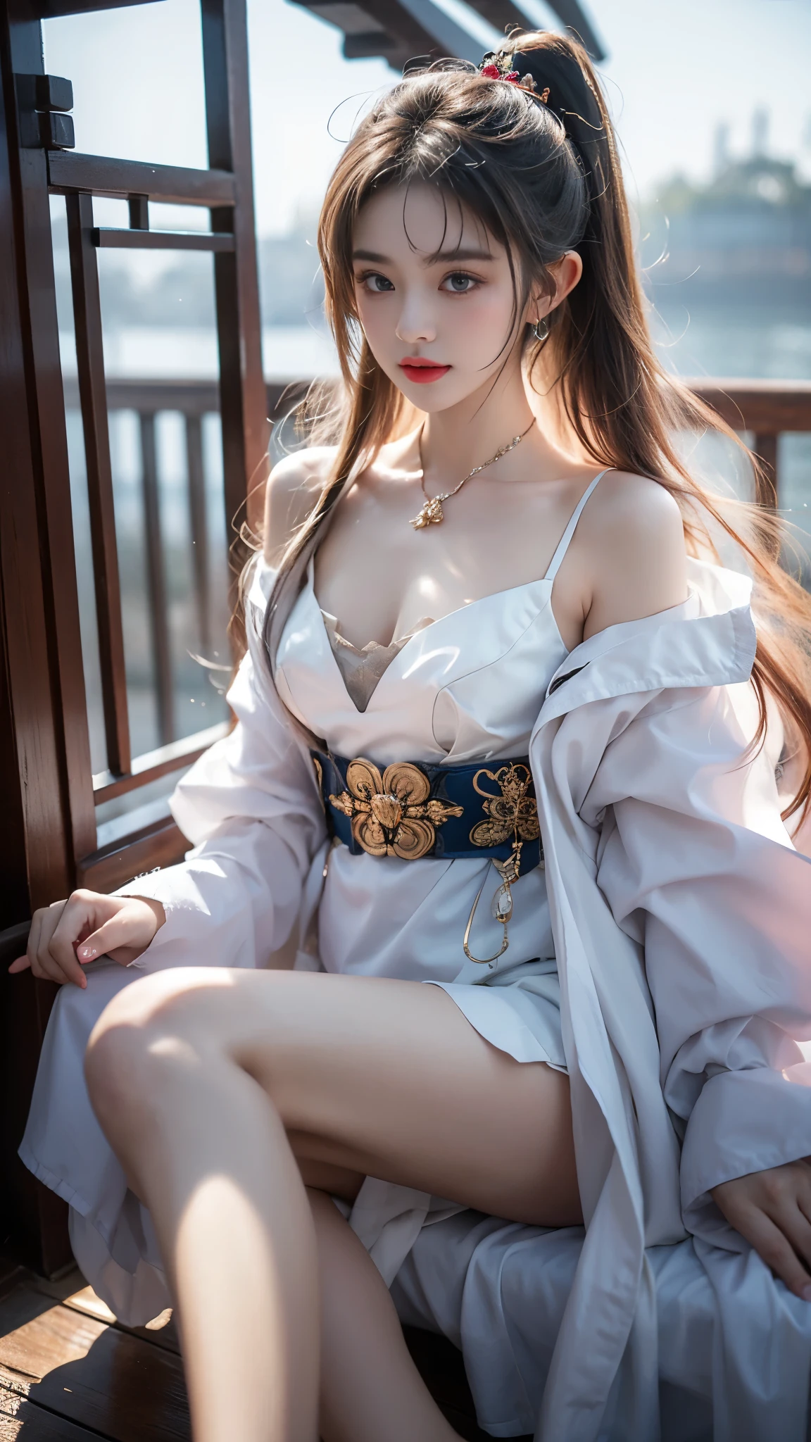 hanfu, (masterpiece, best quality:1.2), 1girl, solo, ((bare shoulders)), (actual:1.37), ((lying on a beach)), ((Bird&#39;s eye view shot)), Sweet maiden, beautiful妆容, Exquisite makeup, Extremely beautiful eyes, long hair, curls, slim body, big breasts, cleavage, Sexy slender legs, The skirt is short, Leaking sexy legs, elegant posture, best quality, correct, correct的手, correct的腿, 解剖学correct, official art, complex, detail的脸, detail, lifelike, Very detailed, amazing, beautiful, Young and energetic, Charming model, Meticulous CG Uniform 8k wallpaper