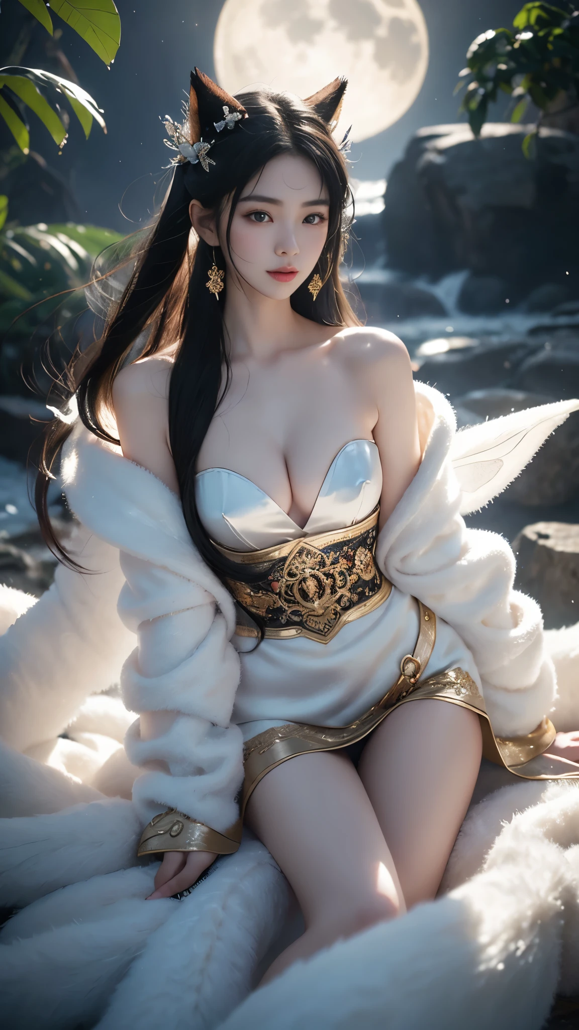 Ahri_Cosplay, White Tails, Black long hair, yellow eyes,  In the depths of Wonderland，The moonlight falls like water，foggy room，The figure of the heroine is vaguely visible，Just like the fairy in the painting，Slender sexy legs，Very nice legs，Leaking sexy legs，Beautiful big breasts而又带着一丝mystery的色彩。Her face is beautiful and delicate，Like finely carved jade，Showing otherworldly beauty。The eyebrows are picturesque，Long eyebrows to temples，The waves in my eyes are like twinkling stars，Show the light of perseverance and wisdom。The bridge of the nose is straight，Lip color like cherry，The slightly raised corners of the mouth reveal confidence and calmness。Her face is well defined，The skin is as fair as jade，Reveals a healthy glow，Not like a fairy&#39;Don’t eat the fireworks of the world。Her makeup is light and delicate，Not too much embellishment，But enough to show her temperament and charm。Light-colored foundation brings out the transparency of the skin，A light eyebrow pencil outlines her perfect eyebrow shape，Eye makeup is eye shadow and eyeliner，Make her eyes brighter and more energetic。嘴唇涂上grace的口红，Adds a bit of charm and sophistication。她的衣服grace别致，Wearing white clothes to win the snow，Clothes flutter，It seems like it will be blown up by the wind at any time，drifting into the distance。Beautifully embroidered patterns on clothes，既不失grace，Also showed her extraordinary skills。A wide belt is tied around the waist，There is a crystal clear jade pendant hanging on it，Rocking with her movements。Her hair is tied back casually，Secure it with a hosta，A few strands of hair are fluttering gently in the wind，Adds a bit of softness。Her figure is looming in the fairyland，宛如一道Beautiful big breasts的风景线，attracted everyone&#39;s attention。She seems to be an elf in fairyland，Beautiful big breasts、grace、mystery、and full of power。