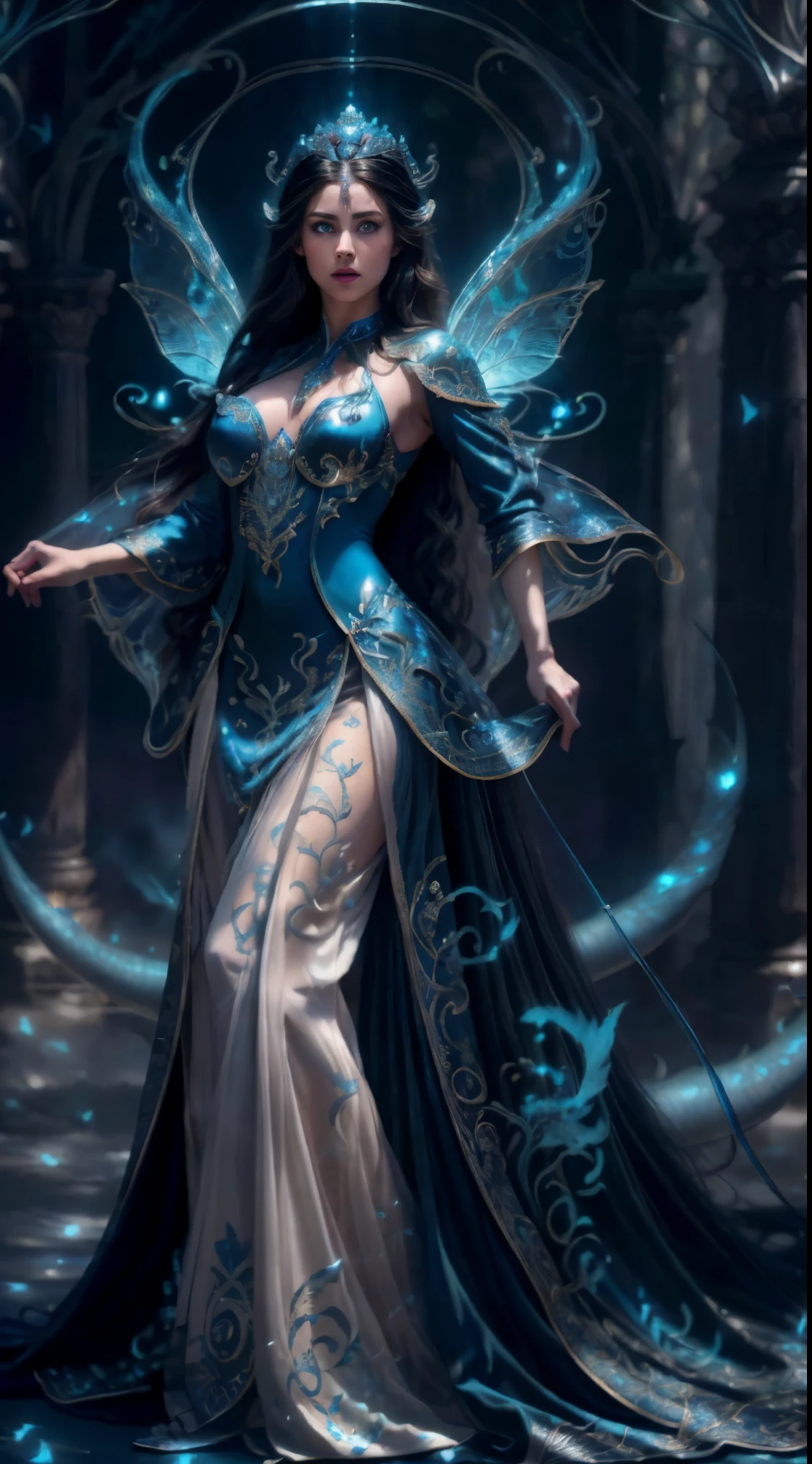 (raw photo:1.2), With big blue wings, (photorealistic:1.4), realistic skin texture, pale skin, very detailed eyes and face, beautiful detailed eyes, turkish nose, super detailed, high resolution, very detailed, masterpiece,unified, 48k wallpaper, amazing, Fine details, masterpiece, best quality, ((Tight F cup breasts size)), straight long hair, (extra long hair : 1.5), dark brown hair, elegant hair style, light on face, cinematic lighting, 1girl, perfect body, slim abs, skinny, ((1girl , beautiful face)), hyper realistic bright lighting, realistic shadow, ((wearing a blue DRAGON fairy clothes)), ((perfectly composition)), dynamic poses, dynamic shot angle, (All blue background), FLYING