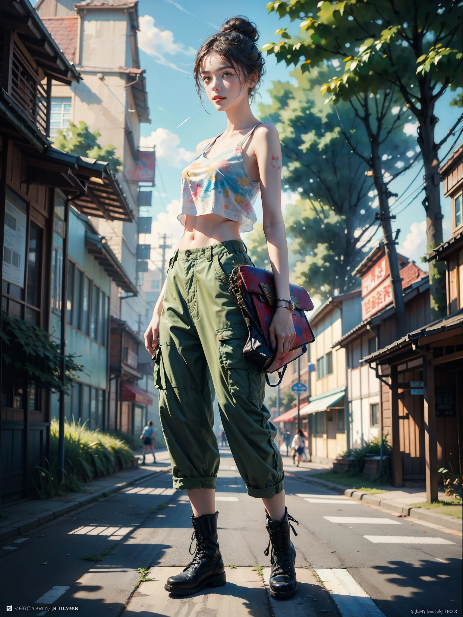 samdoesarts; award winning half body portrait of a beautiful woman in a croptop and cargo pants, military boots, standing on the street faint smile,  paint splashes, hair in a bun, splatter, outrun, vaporware,  digital art, trending on artstation, highly detailed, fine detail, intricate by Jeremy Mann, matth�us merian the elder, Pino Daeni, robert rauschenber, by beksinski