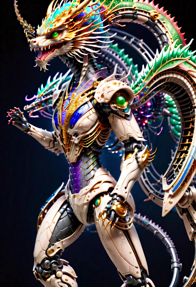 (Vision:1.8), (full-body shot:1.5), (1 futuristic、Ultra-modern mechanical warrior)，(Entirely made from precision vibranium machinery，The head is in the shape of a Chinese dragon:1.5)，Key parts have transparent luminous parts，Highlight its advanced technical capabilities。(dynamic poses)，(Holding a futuristic technology rifle，Aim and shoot:1.5)，(black crystal shoes:1.5)，impressive and majestic。This full body image is set on a battlefield，Highlights the warrior&#39;s readiness to fight。The design combines the ferocity of dinosaurs with the sophistication of future technology，showcases intricate mechanical details and luminous elements，to highlight its power source，Conveys a sense of dominance and combat readiness，