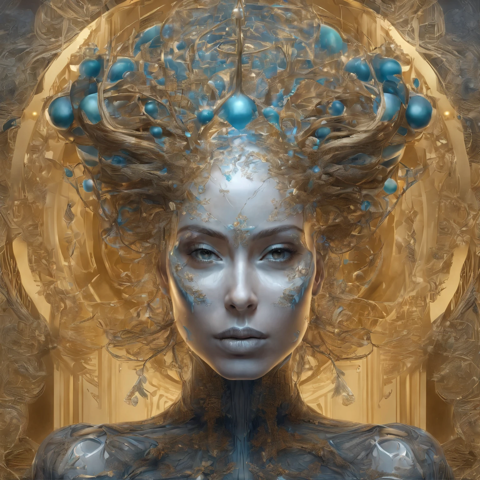 Beautiful symmetrical full body photo painted in oil with thick brushstrokes and wet paint, Fibonacci, golden ratio, melted wax, visible brushstrokes, surrounded by crystal spheres, 3D tessellation wireframe, neural graphic, neurons, tree of life, color, love, passion, oil on canvas, thick brushstrokes, insanely detailed, 8k uhd, masterpiece, artstation, surreal