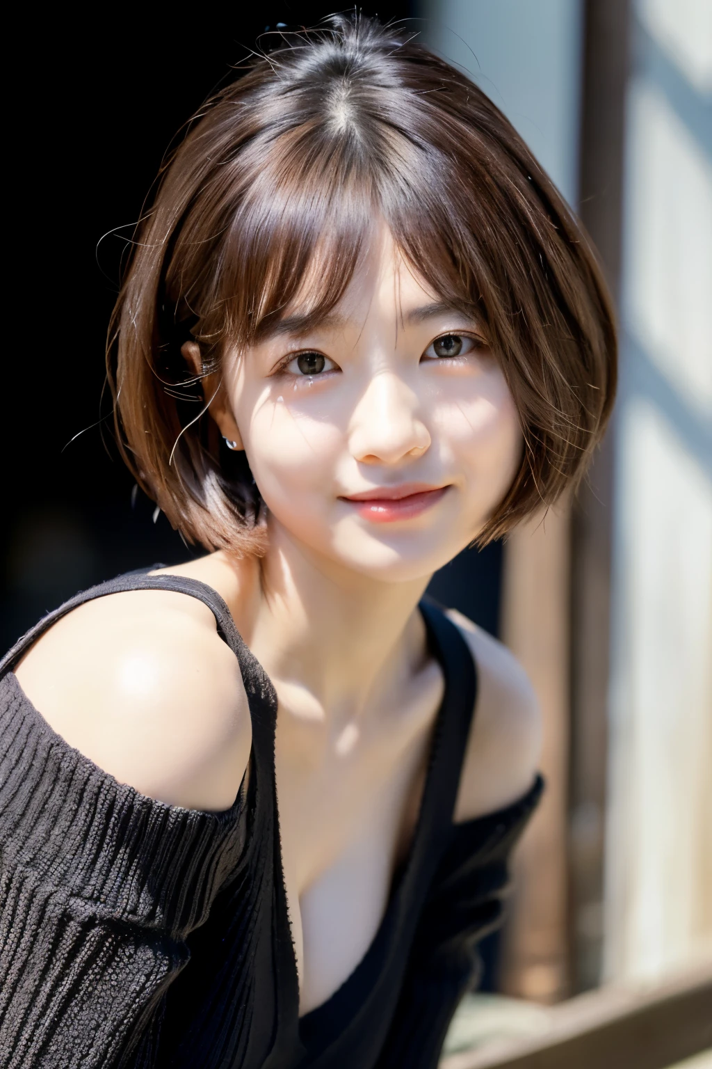 (masterpiece:1.3), (8K, Photoreal, Raw photo, best image quality: 1.4), Japanese high school girl、(Short hairstyle:1.2)、cleavage:1.2、super detail face、eye for details、double eyelid、chest to chest、sharp focus:1.2、Beautiful woman:1.4、light brown hair、highest quality、masterpiece、Super high resolution、(Photoreal:1.4)、Highly detailed and professionally lit smiles、loose and light knitwear、shoulder out、thin、serious expression、short haired、deadly position