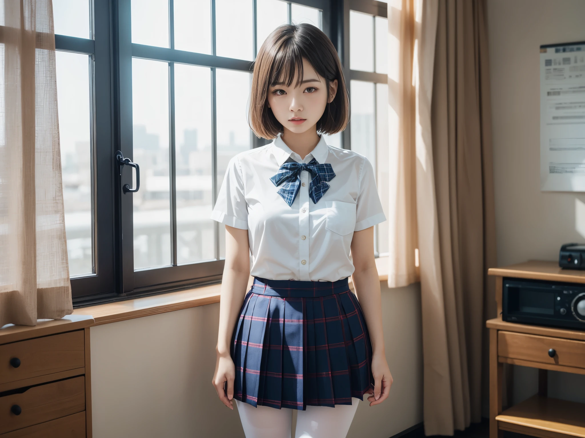 (8k、原始photography、top quality、Masterpiece:1.2),big ass,bullish,Muchimuchi,disciple,student,Light blue Bra,white skinned,knees,(black pantyhose),absurd,a small face,,flat chest,Part your bangs in the middle、forehead visible,(cold expression,Eye睛紧绷,glare,bullish,skinny,file,anger)、Masterpiece,top quality、ultra high resolution,原始photo,allow,beautiful turd,one person, solo,Eye镜,,dark look,small breasts,whole body,圆Eye镜、cute little、返回student,JK school uniform,high school,a japanese lady,standing,(Realism:1.37)、photon mapping,actual、cute little脸,棕色Eye睛、black socks、(red bow tie)、radio city、Physically based rendering、prospect、depth of field、blurred background、photo,those girls、Body,, long legs, slim legs,long bob cut,(Bangs are clearly visible), hair, lips, blue_Eye, nose software,(light blue blouse), (Navy and white plaid pleated skirt), knees是可见的,transparent costume,, thigh, Black cotton socks,nogizaka idol, actor, Japan Ita