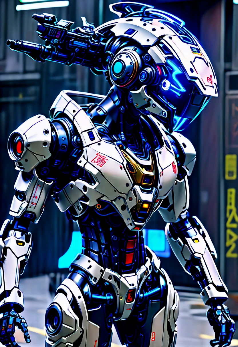 cyberpunk, Mechanical Warrior, world war six, Sci-fi helmets, (futuristic cyberpunk action rifle:1.6), Eclecticism , 超级Mechanical Warrior , Key parts have transparent luminous parts，Precision mechanical gears，Android&#39;s Rebellion , cyberspace safe haven , (Vision:1.8), (full-body shot:1.5),