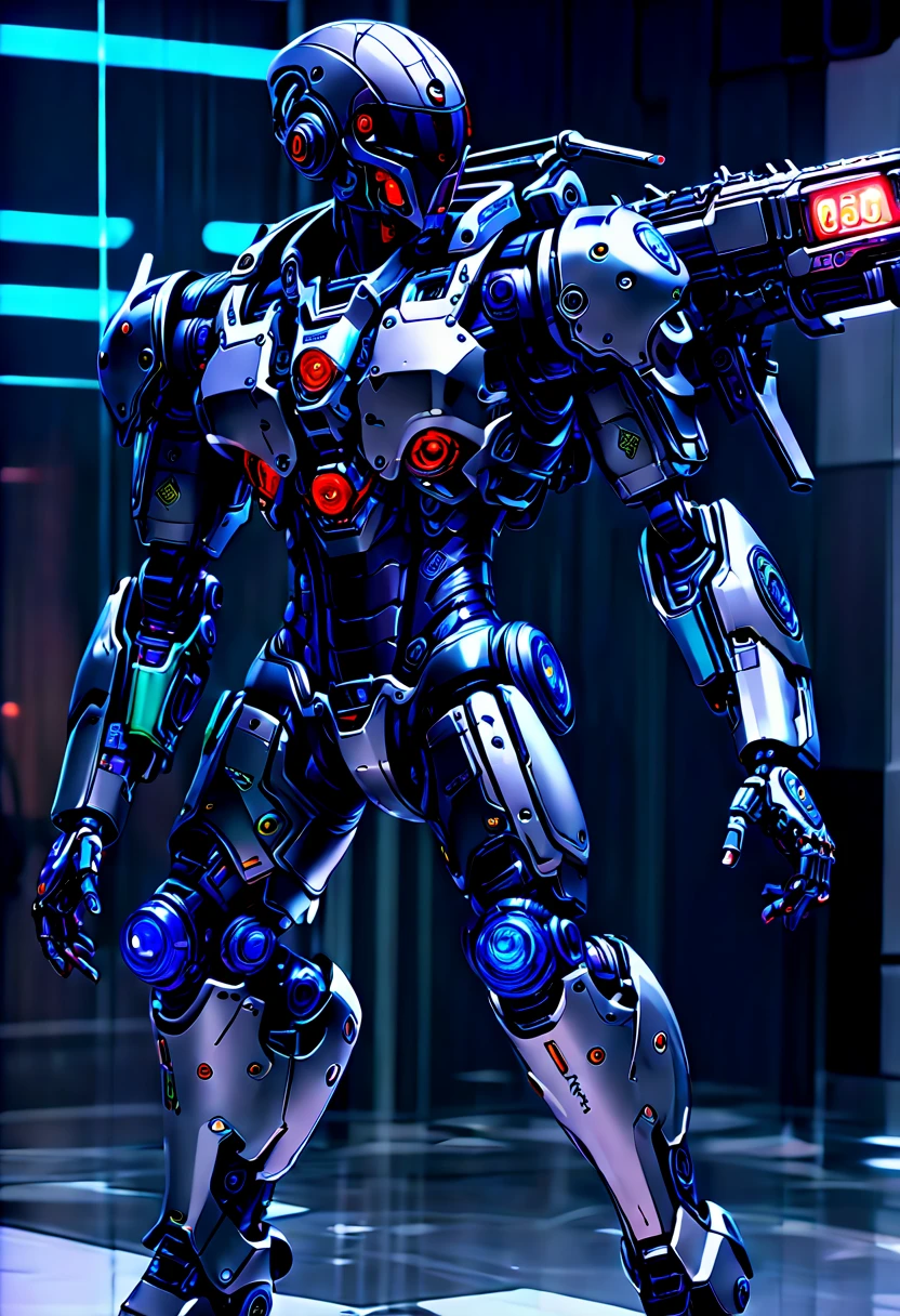 cyberpunk, Mechanical Warrior, world war six, Sci-fi helmets, (futuristic cyberpunk action rifle:1.6), Eclecticism , 超级Mechanical Warrior , Key parts have transparent luminous parts,Precision mechanical gears,Android's Rebellion , cyberspace safe haven , (Vision:1.8), (full-body shot:1.5),