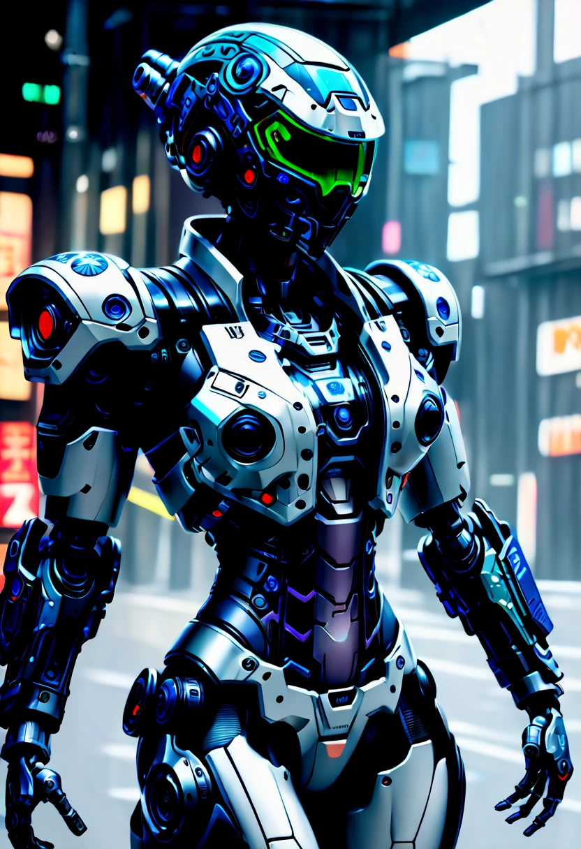 cyberpunk, Mechanical Warrior, world war six, Sci-fi helmets, (futuristic cyberpunk action rifle:1.6), Eclecticism , 超级Mechanical Warrior , Key parts have transparent luminous parts,Precision mechanical gears,Android's Rebellion , cyberspace safe haven , (Vision:1.8), (full-body shot:1.5),