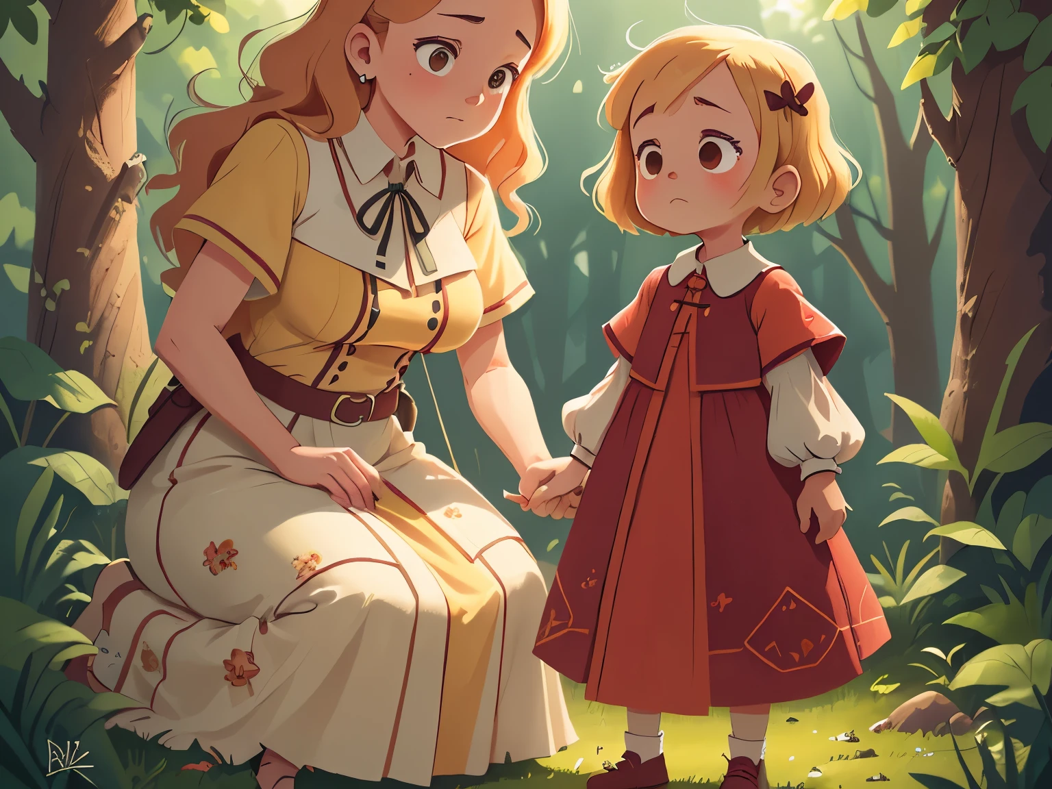 ((Full body)), (a mother holding a 5-year-old short haired girl with blonde hair:1.5), depressed, and sad,High definition, detailed, ultra detailed,Medieval Europe, medieval clothing, watercolor, medieval style