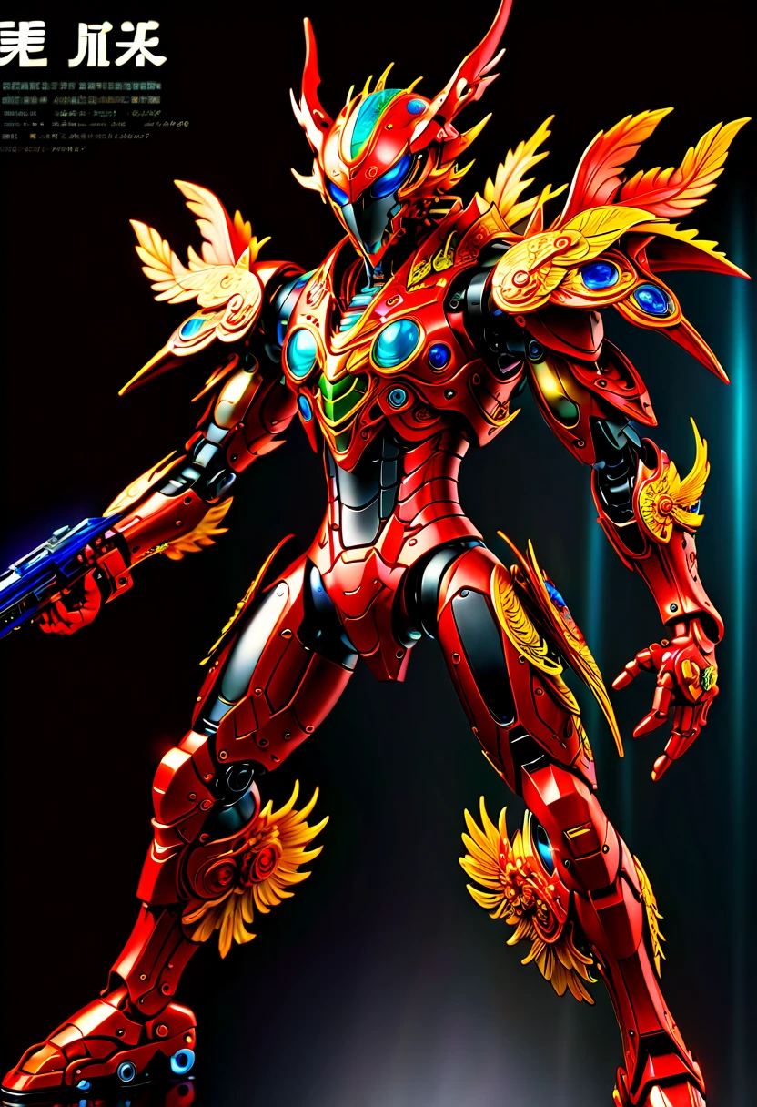 (Vision:1.8), (full-body shot:1.5), (1 futuristic、Ultra-modern mechanical warrior)，(Entirely made from precision vibranium machinery，The head is in the shape of a Chinese dragon:1.5)，Key parts have transparent luminous parts，Highlight its advanced technical capabilities。(dynamic poses)，(Holding a futuristic technology rifle，Aim and shoot:1.5)，(black crystal shoes:1.5)，impressive and majestic。This full body image is set on a battlefield，Highlights the warrior&#39;s readiness to fight。The design combines the ferocity of dinosaurs with the sophistication of future technology，showcases intricate mechanical details and luminous elements，to highlight its power source，Conveys a sense of dominance and combat readiness，