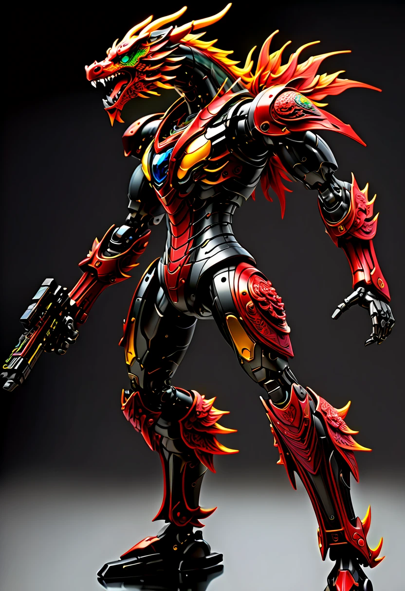 (Vision:1.8), (full-body shot:1.5), (1 futuristic、Ultra-modern mechanical warrior)，(Entirely made from precision vibranium machinery，The head is in the shape of a Chinese dragon:1.5)，Key parts have transparent luminous parts，Highlight its advanced technical capabilities。(dynamic poses)，(Holding a futuristic technology rifle，Aim and shoot:1.5)，(black crystal shoes:1.5)，impressive and majestic。This full body image is set on a battlefield，Highlights the warrior&#39;s readiness to fight。The design combines the ferocity of dinosaurs with the sophistication of future technology，showcases intricate mechanical details and luminous elements，to highlight its power source，Conveys a sense of dominance and combat readiness，