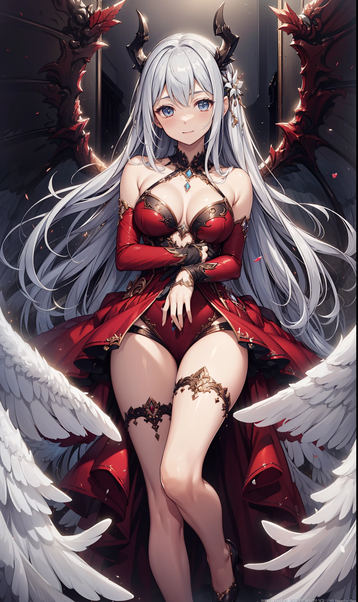 (best quality, high resolution, textured skin, high quality, high detail,Extremely detailed CG unification),,Lively,enchanted,Dynamic Angle,whole body,Gorgeous princess dress,Beautifully dressed,Elegant and seductive posture,Devil wings,Sexual innuendo,In the abyss