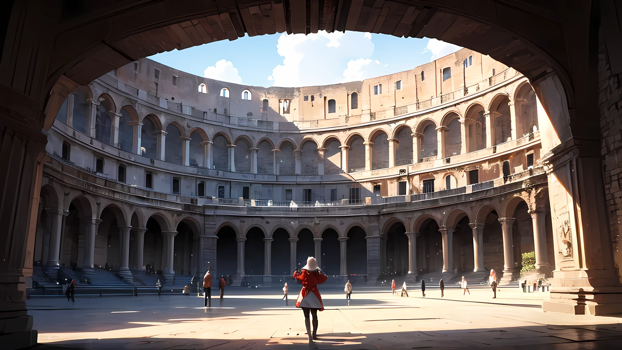 picture, ancient Colosseum, there are many people around the arena, shouting, waving their hands, scarlet, metallic gray, drama, close-up center of the arena, medieval era
