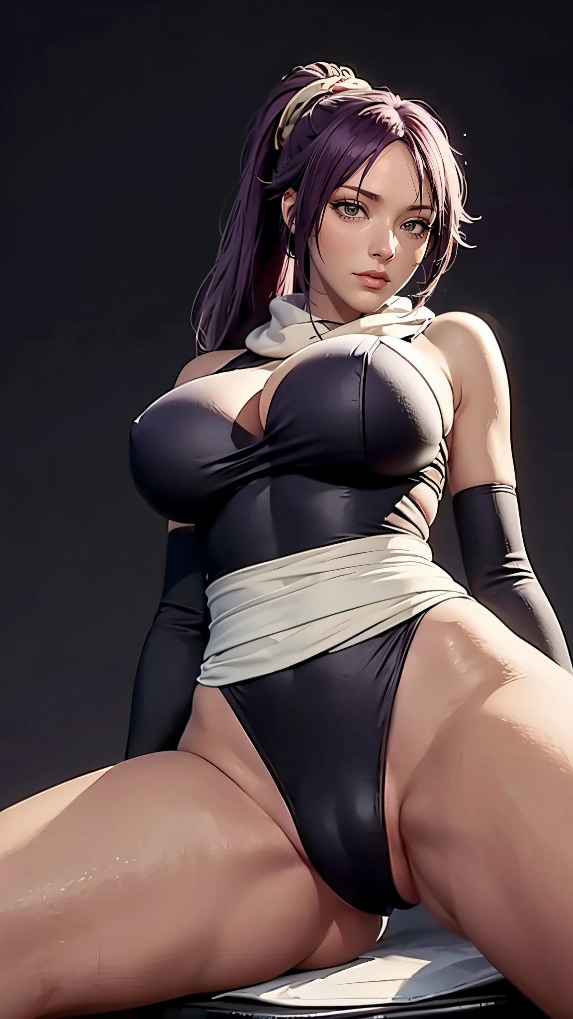 (((完美figure,figure, orange shirt, black leggings, shirt accessory, waist accessory, scarf, leg warmers, shoulder pads, detached sleeves, (((shihouin yoruichi,Golden pupil,1girl,dark-skinned female,solo,ponytail,long purple hair ))),(((wide hips))),S型figure:1.7))),((masterpiece)),high resolution, ((Best quality at best)),masterpiece,quality,Best quality,((( Exquisite facial features,looking at the audience,There is light in the eyes,lol,confidence))),(((Light and shadow interlace,huge ))),(((looking into camera,sit astride,legs spread,from below,camel toe )))