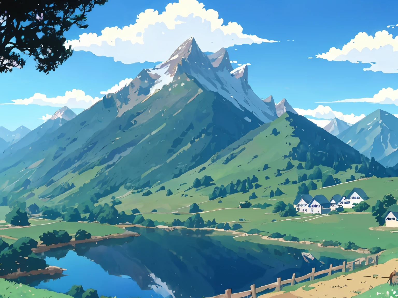 DVD screengrab from studio ghibli movie, (beautiful mountainside farm:1.4), clouds on blue sky, designed by Hayao Miyazaki, retro anime