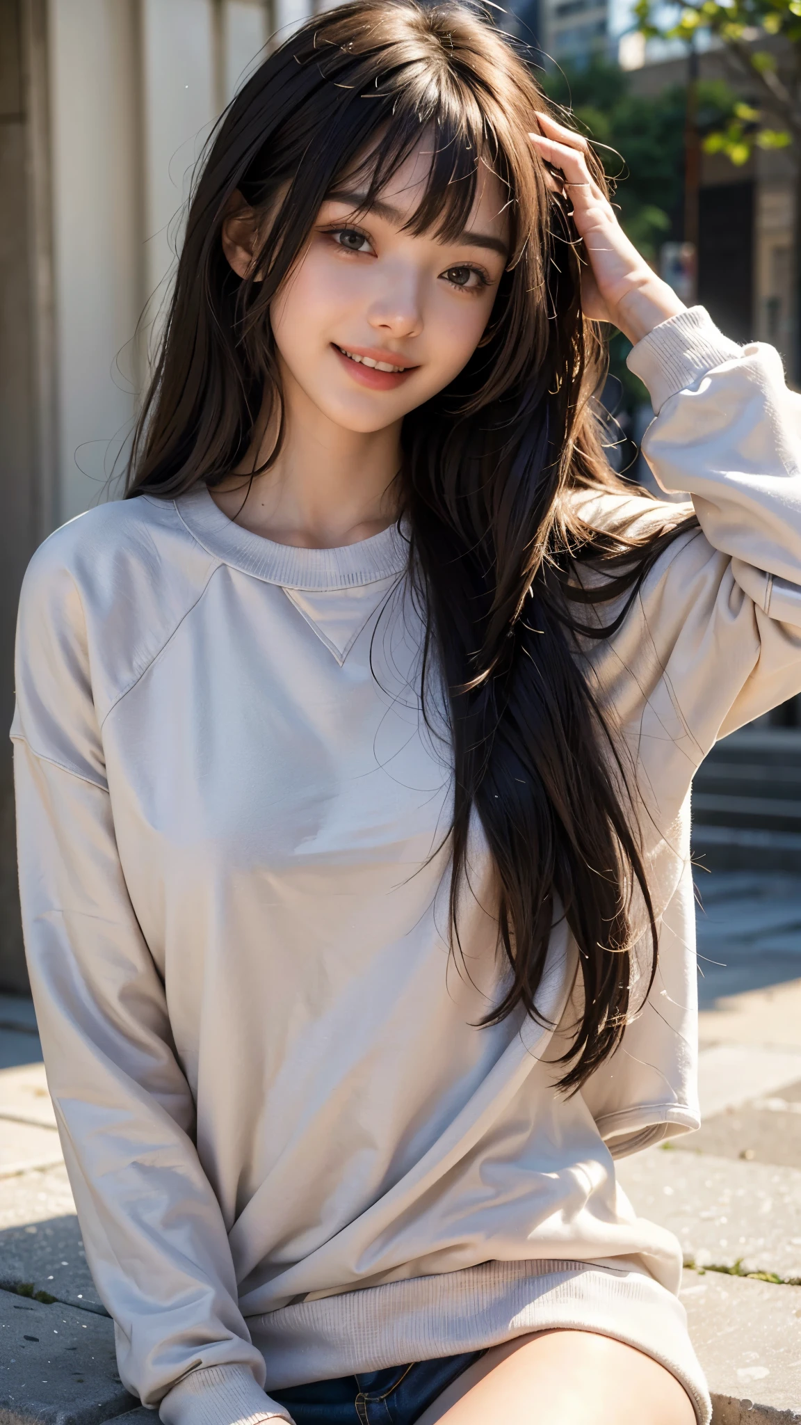 highest quality, masterpiece, ultra high resolution, (realistic:1.4), (close portrait) RAW photo, 1 girl, 22 years old,slender body,small breasts,black eye,((Only one large sweatshirt)),((long hair with straight bangs)),((Pulling up your hair)),((looking up at the viewer)), realistic pictures, ((small breasts)),((toothy smile)),