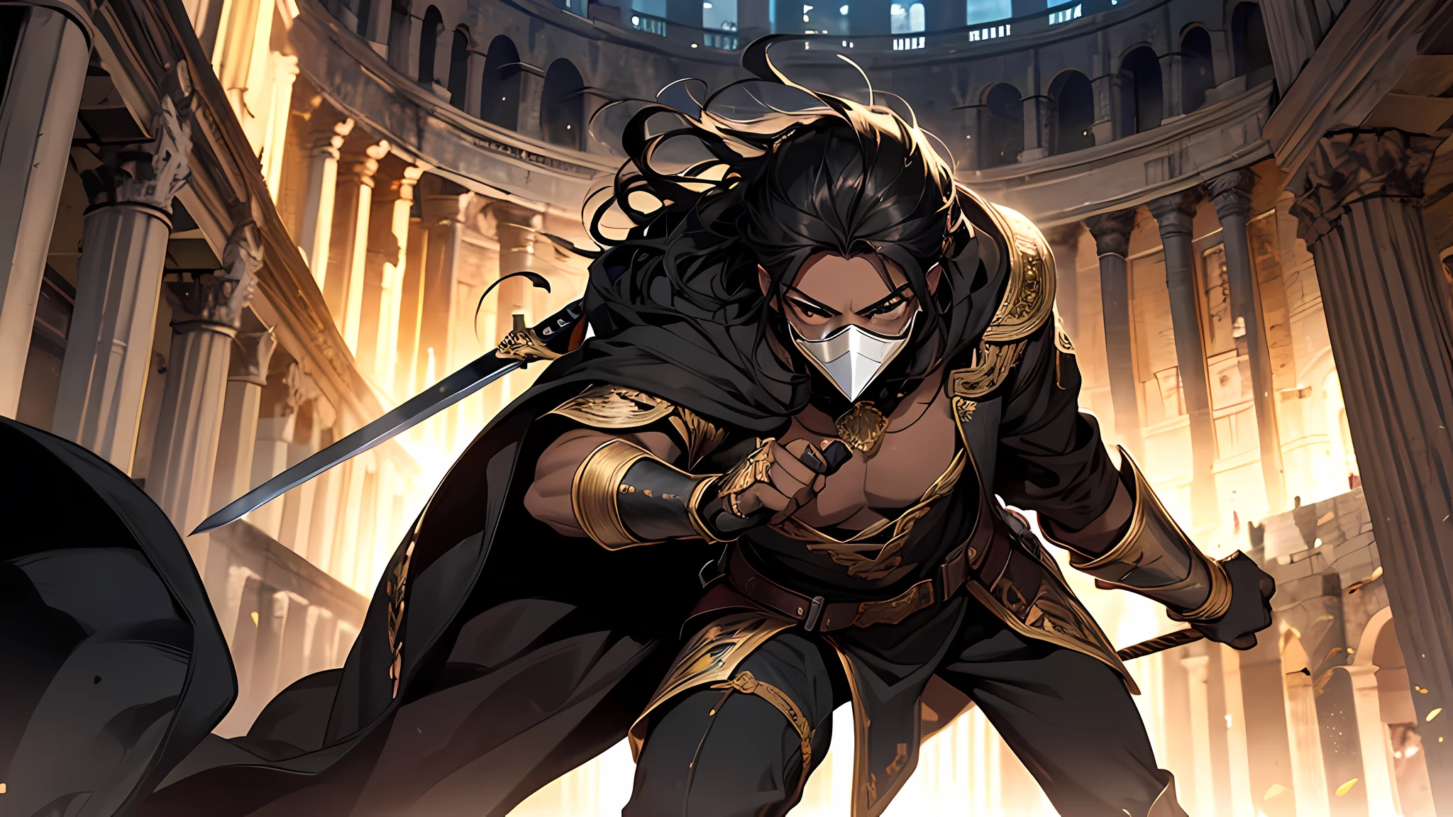 thin young man, dark skin wearing mask, V-shaped vendetta wears a golden mask, holding sword, in a center of colloseum arena, gladiator, intricate muscular details, long black hair tied up, dodging attack, swords in action