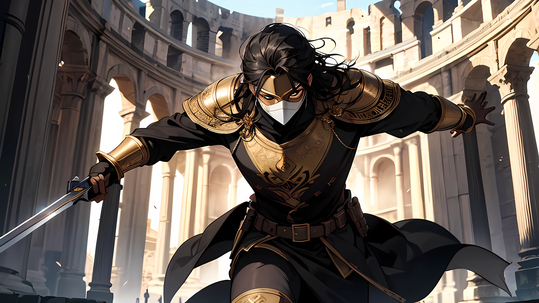 thin young man, dark skin wearing mask, V-shaped vendetta wears a golden mask, holding sword, in a center of colloseum arena, gladiator, intricate muscular details, long black hair tied up, dodging attack, swords in action