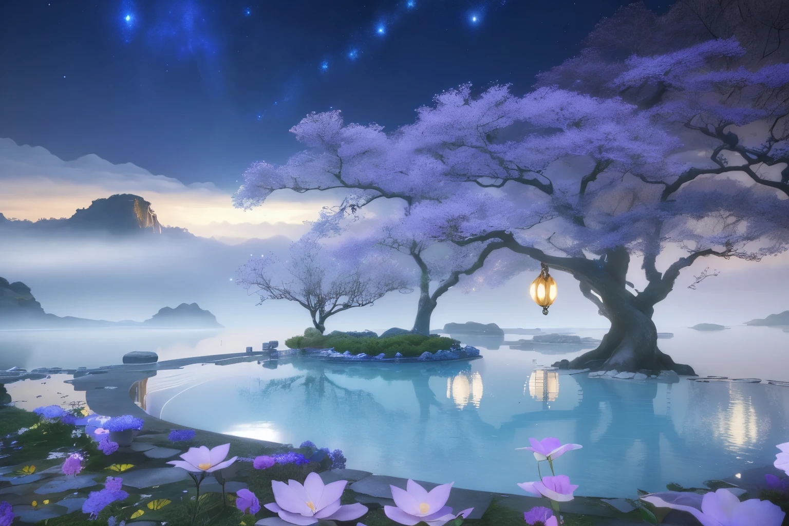 Flowers bloomed, Quiet and peaceful atmosphere, peace and tranquility, 夜晚peaceful的气氛, Starry sky environment under moonlight, relaxing environment, dream scene, Stunning fantasy 3D rendering, Nice screenshot, dreamy atmosphere, Anime beautiful peaceful scene, Beautiful fairy tale rendering, peaceful, dreamy atmosphere and drama, Calm and serene