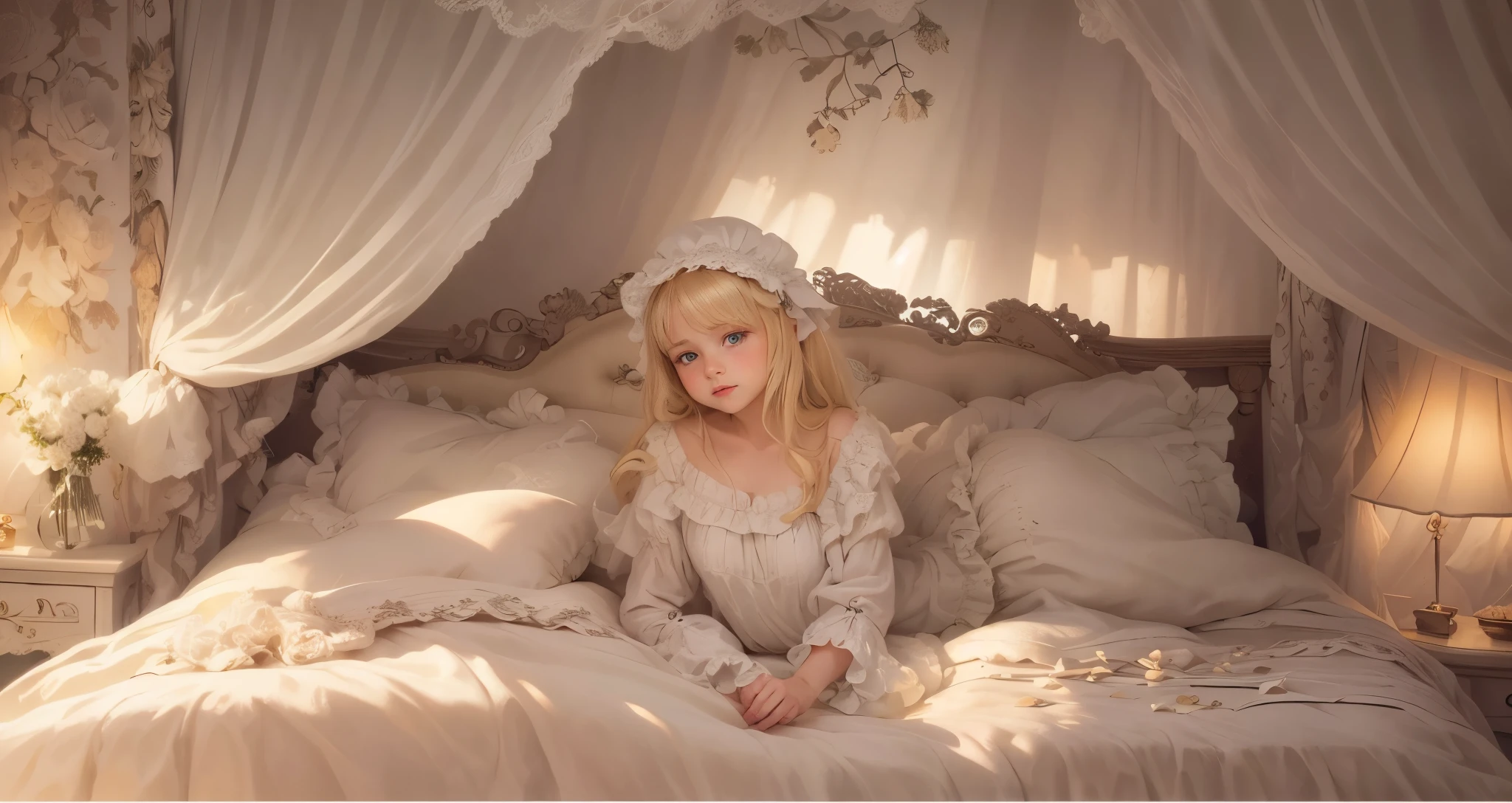 ,highest quality, masterpiece, highest resolution, artwork, super それにget used to it, many get used to it, get used to it, それにget used to it, 3K realistic photos,,(( girl)),Super detailed baby face, girl illustration,detailed beautiful face detailed hair,detailed human eye ,detailed mouth, arm details,fine hands, Super detailed baby face, Beautifull illustration,detailed beautiful face detailed hair,detailed human eye ,detailed mouth, arm details,fine hands, european,(((Blonde with super long rolls))),blue eyes,pajamas,night wear,((((White long sleeve one-piece dress)))),((White one-piece dress with lots of frills and ribbons)),((1920 style nightgowns)),wearing a nightcap,((frill and ribbon nightcap)),victorian nightgowns,Yoke collar with frills and ribbons that cover the shoulders and chest,Long sleeves with puff sleeve ruffles,Long skirt up to the ankle,Pillow with large frills and ribbons,detailed costume,Detailed pillow,It's in the futon,In a luxurious canopy bed,huge king size bed,(((Rococo style canopy four poster bed))),(((Luxury curtains on both sides and behind the bed。))),A lot of frilly pillows behind the girl,super detailed background,Marie Antoinette's bed with attention to detail,romantic atmosphere,((Her legs are hidden behind the puffy futon and the skirt of her nightgown.)),((I can't see my legs)),((((Feet do not depict)))),((A soft white blanket swells around the girl's body.)),