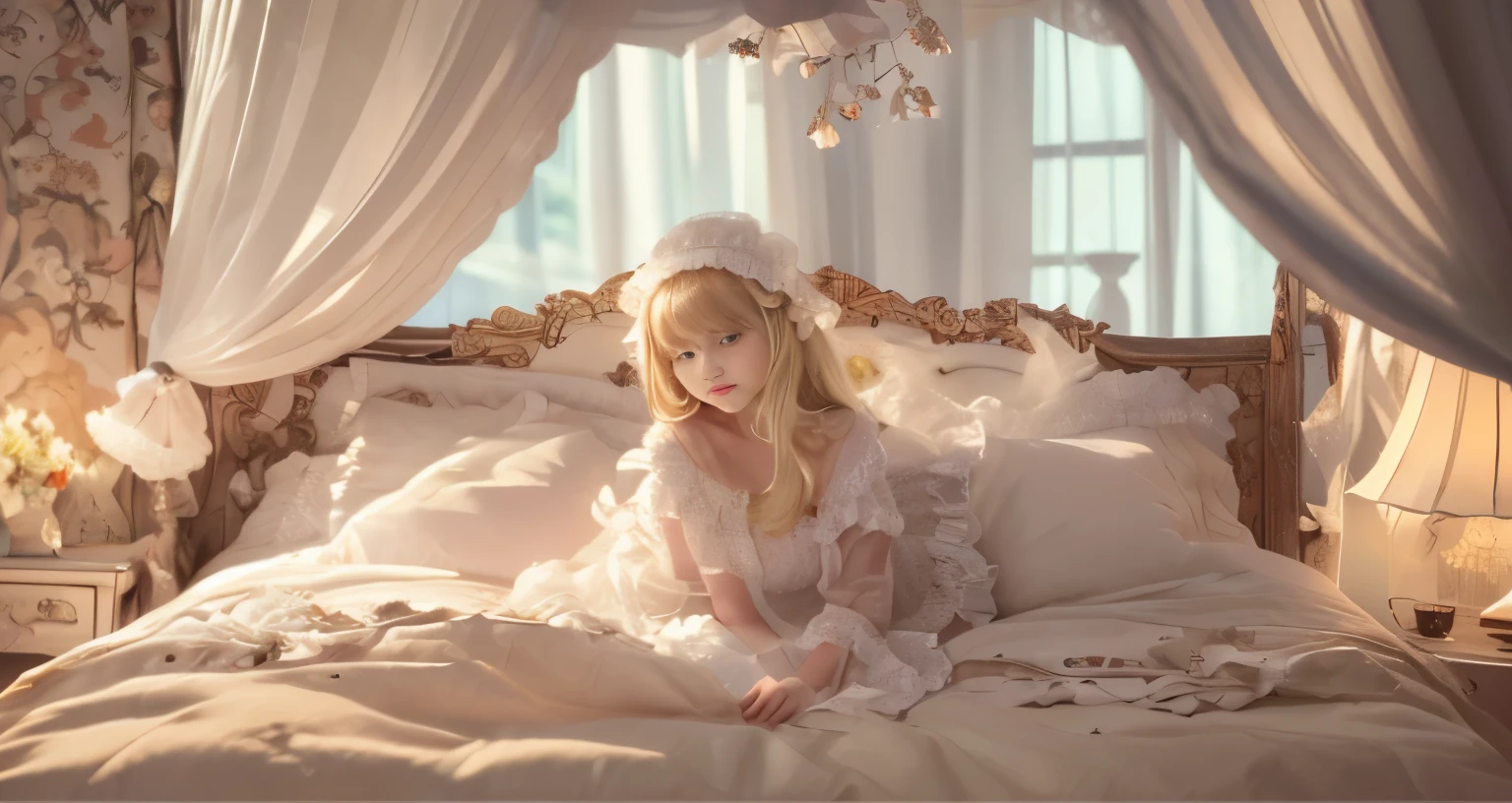 ,highest quality, masterpiece, highest resolution, artwork, super それにget used to it, many get used to it, get used to it, それにget used to it, 3K realistic photos,,((10 year old girl)),Super detailed baby face, Beautiful girl illustration,detailed beautiful face detailed hair,detailed human eye ,detailed mouth, arm details,fine hands, Super detailed baby face, Beautiful girl illustration,detailed beautiful face detailed hair,detailed human eye ,detailed mouth, arm details,fine hands, european,(((Blonde with super long rolls))),blue eyes,pajamas,night wear,((((white nightgown)))),((フリルとリボンが沢山付いたwhite nightgown)),((1920 style nightgowns)),wearing a nightcap,((frill and ribbon nightcap)),victorian nightgowns,Yoke collar with ruffles and ribbons,Long sleeves with ruffles,Long skirt up to the ankle,((The whole body is reflected)),white ruffle and lace socks,Wearing slippers with frills and ribbons,Pillow with large frills and ribbons,detailed costume,Detailed pillow,It's in the futon,In a luxurious canopy bed,huge king size bed,(((Rococo style canopy four poster bed))),(((Luxury curtains on both sides and behind the bed。))),A lot of frilly pillows behind the girl,super detailed background,Marie Antoinette's bed with attention to detail,romantic atmosphere,((Her legs are hidden behind the puffy futon and the skirt of her nightgown.)),((I can't see my legs)),((((Feet do not depict)))),((A soft white blanket swells around the girl's body.)),