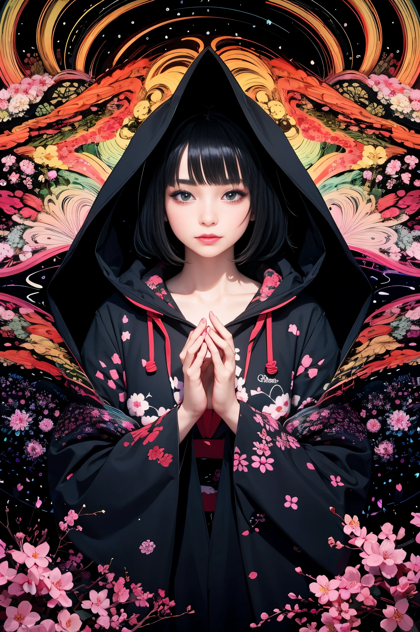 1girl,(black_hair:1.1),(zentangle, mandala, tangle, entangle:0.6),(fractal art),the most beautiful form of chaos,brutalist designed, the most beautiful and highly detailed Harajuku-inspired hooded kimono, cherry blossoms blowing in the wind, enchanted, aesthetic, psychedelic, atmospheric, cosmic