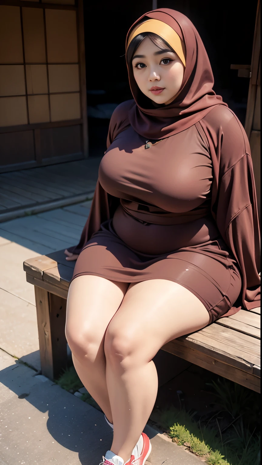 there is a woman sitting down with a longest brown hijab, bbwchan, thicc, brown hijab outfit, brown hijab fashion model, korean girl, korean woman, wearing brown robe, full length shot, alluring plus sized model, japanese goddess, clothed in hooded, voluptuous and arousing, portrait shot, curvy model, voluptuous body, wonderful, nene tanaka body , bbwchan, The overall atmosphere is smooth , haunting illustrations, extremely high-resolution details, photographic, realism pushed to extreme, fine texture, 4k, ultra-detailed, high quality, high contrast, red Color sneakers 