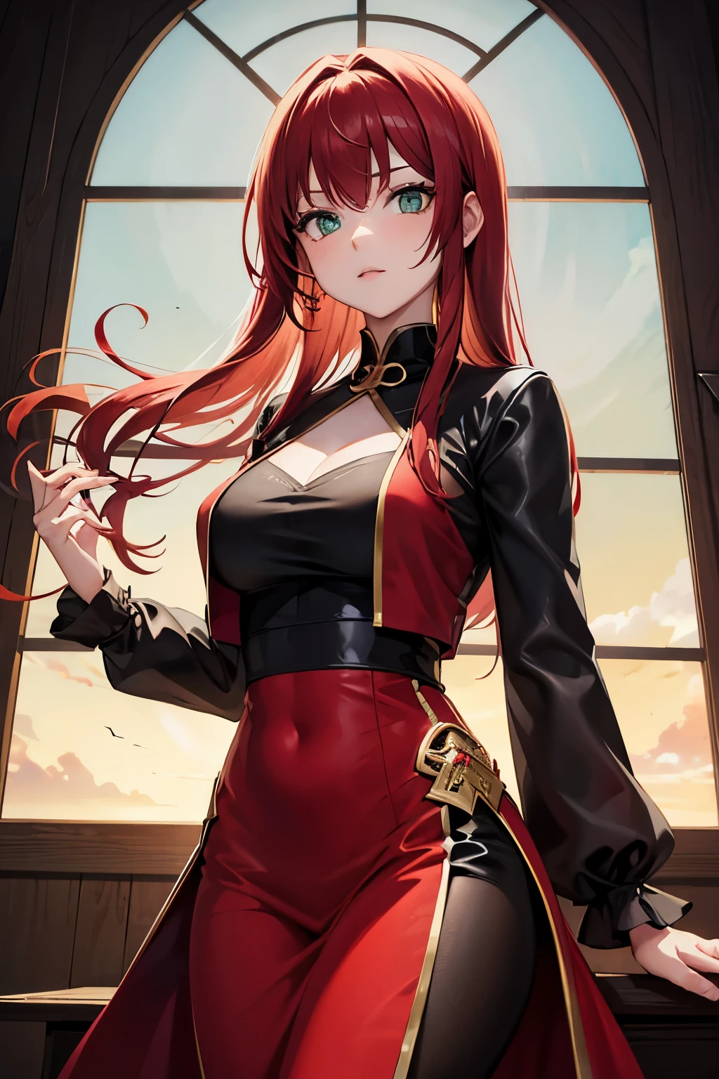 red middle length hair girl with green eyes in fine clothes