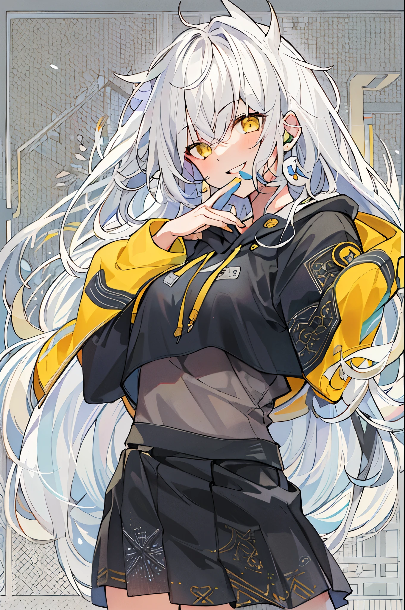 (high-quality, breathtaking),(expressive eyes, perfect face), 1girl, girl, solo, short, young girl, long white hair, yellow eyes, smile, black hoodie, white background , She wears a black skirt