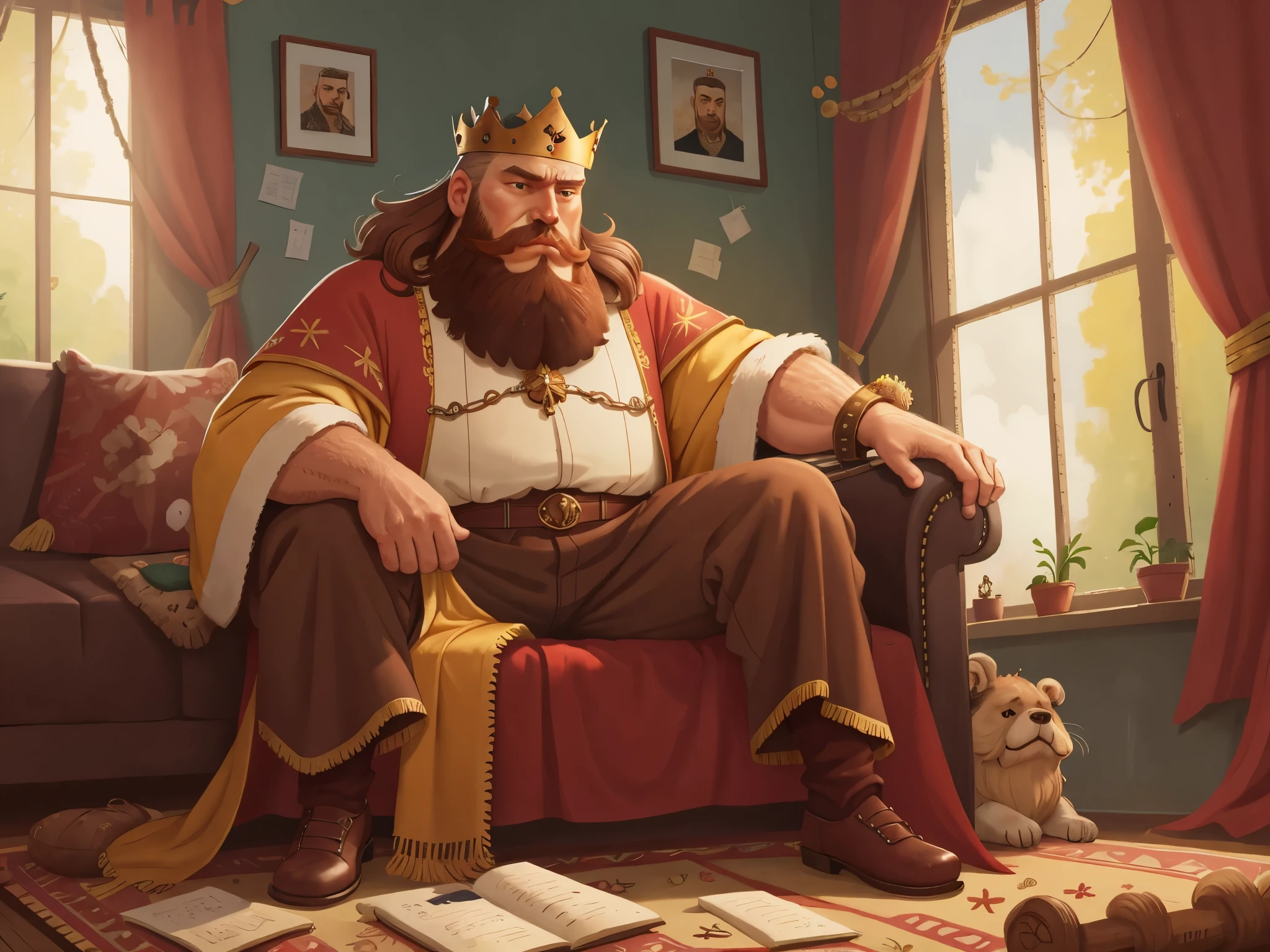 [[[Ultra detailed, best quality, beautiful, 4K, detailed faces, medieval stories]]], (((brown hair))), ((brown beard)), a fat huge blond bearded man Sitting on the sofa with crown, king robe, king, huge body, carpet, window, curtain, living room, sitting on the sofa
