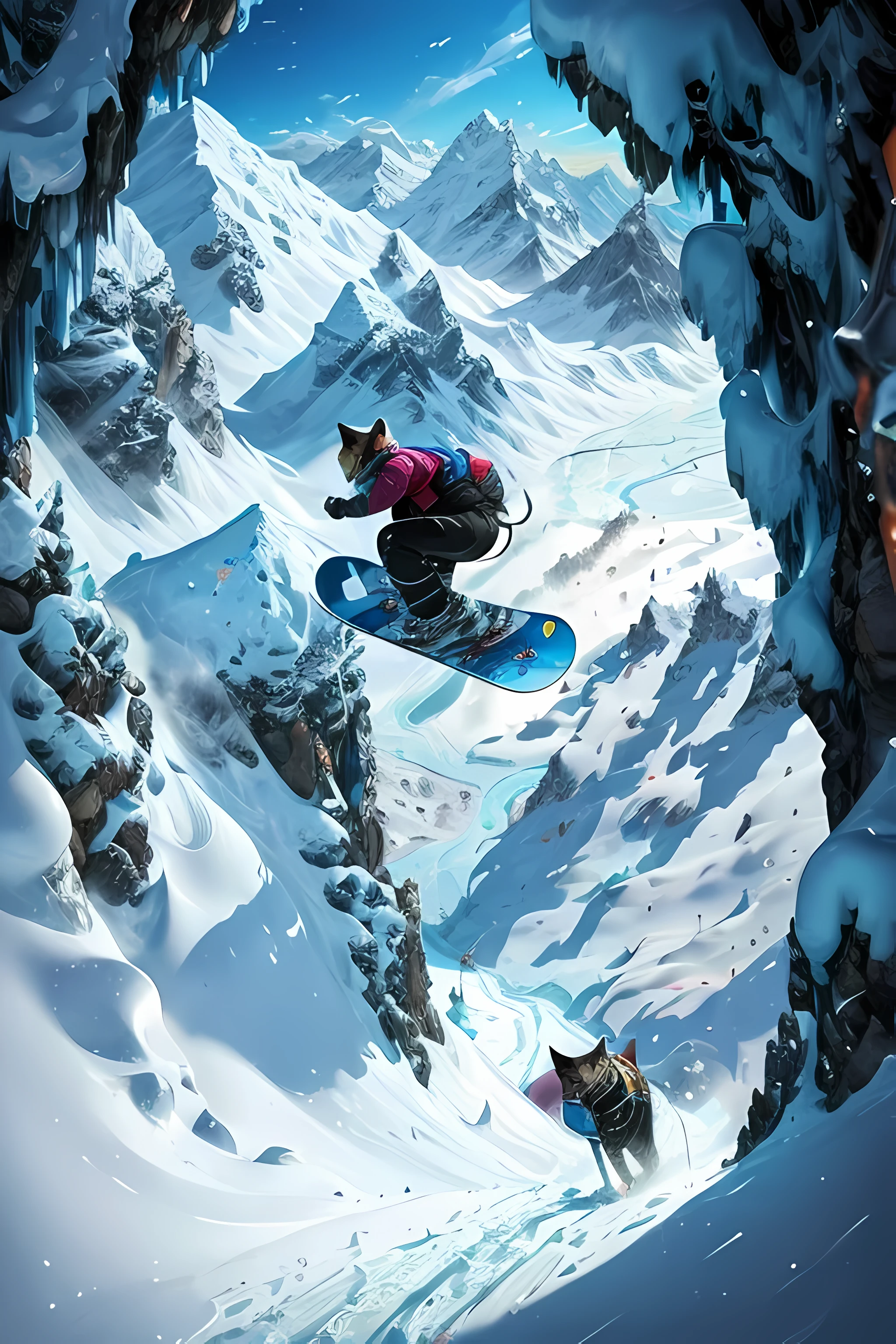 (Best quality, masterpiece, Colorful, As detailed as possible), cat snowboarding from the mountain in a black jacket