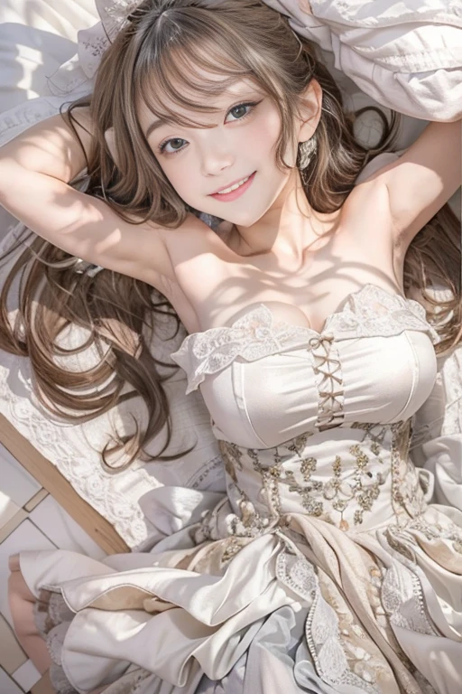 Masterpiece, Top Quality, Highly Detailed, Dress, Alone, ((Contrasting Eyes)),
  (lying down), (spreading legs), arms raised, armpits, from above, smiling, bedroom