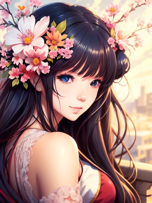 girl with a fan and a flower in her hair, detailed portrait of anime girl, detailed digital anime art, beautiful anime portrait, stunning face portrait, extremely detailed, high detail, detailed beautiful portrait, detailed beauty portrait, detailed character portrait